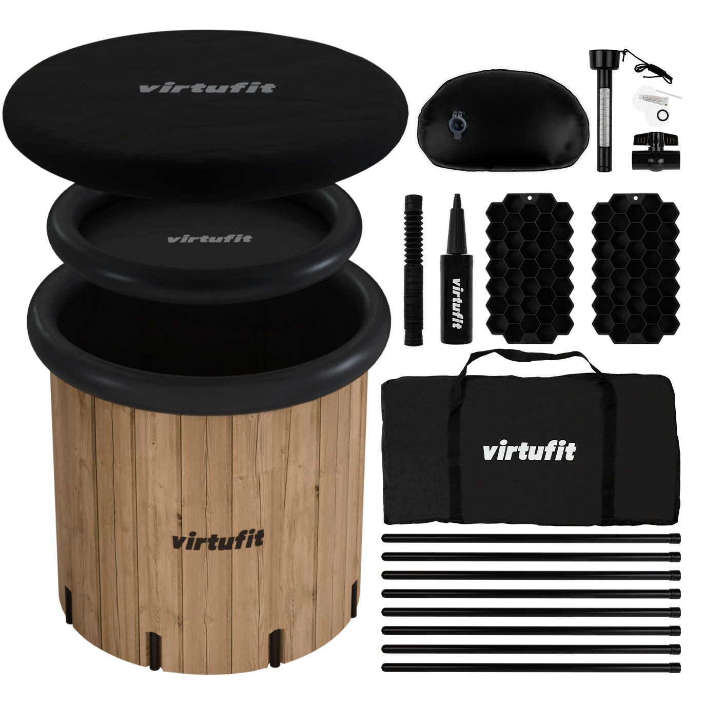 VirtuFit Badebottich VirtuFit Eisbad XXL 375 Liter Wood Look inkl. Zubehör 80x80x75 cm