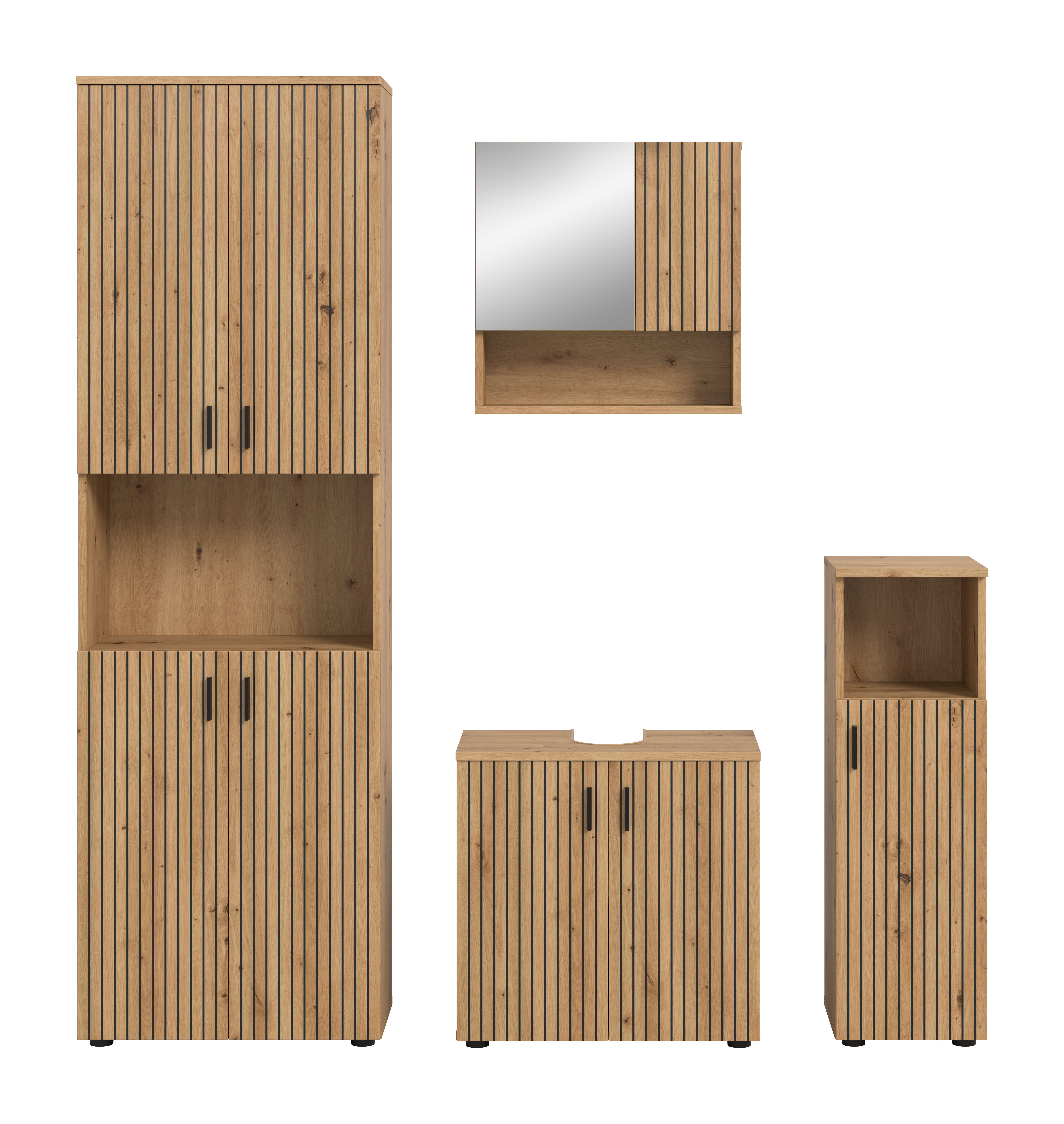 welltime Badmöbel-Set MANI, 4-tlg. Badkombination, Paneeloptik, (Set, 4-St., Set, best. aus: 1 Hochschrank, 1 Spiegelschrank, 1 WBU, 1 Badschrank), Bad-Kombination, Bad-Möbel, Badezimmer, Kombination, Kombi