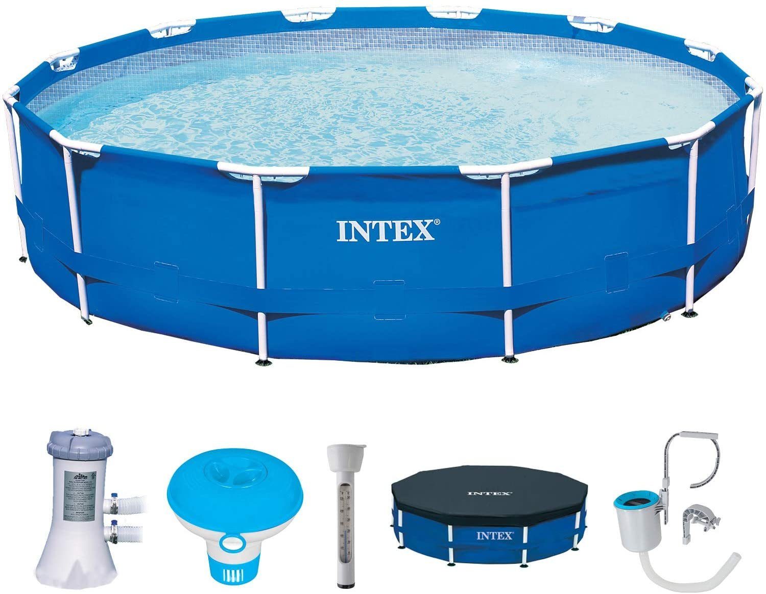 Intex Framepool Intex Frame Pool Rondo Komplettset 366x84cm Pool Filterpumpe Plane, Komplettset mit alle Zubehöre inkl. Filteranlage Abdeckplane Skimmer