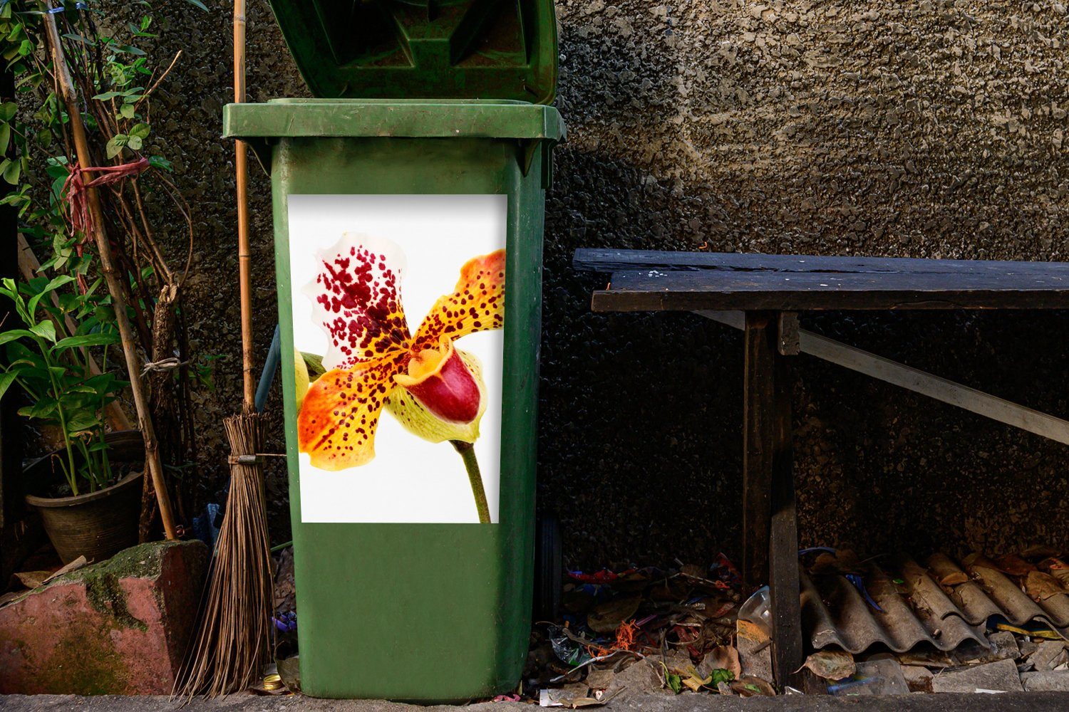 Orchidee (1 Container, MuchoWow Mülltonne, St), Wandsticker Abfalbehälter Orange Mülleimer-aufkleber, Sticker,