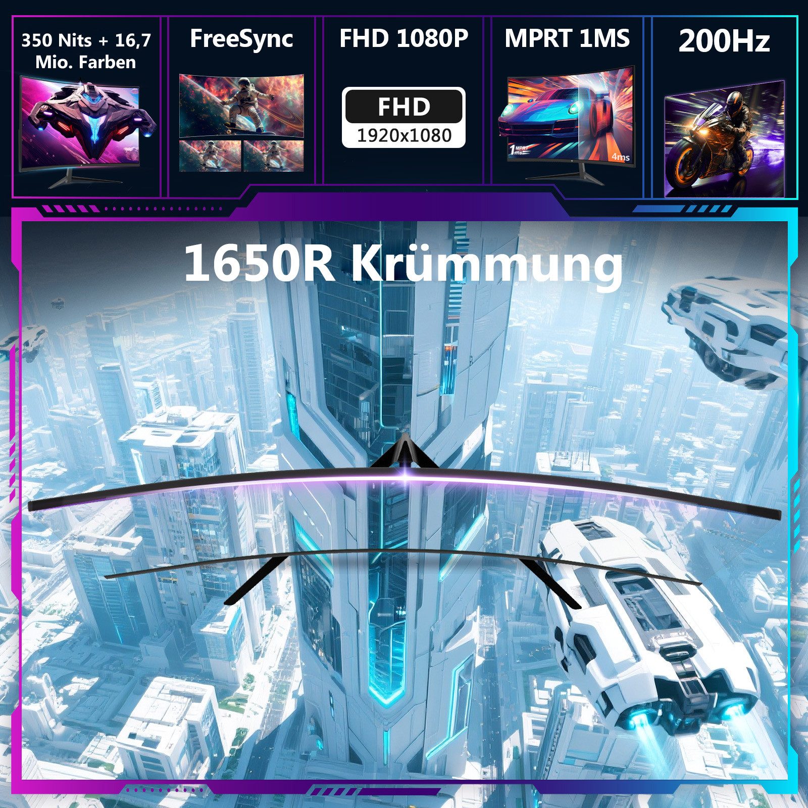 Z-EDGE LED, 1650R Curved-Gaming-Monitor (61 cm/24 ", 1920 x 1080 px, FHD, 1 ms Reaktionszeit, 200 Hz, LCD)