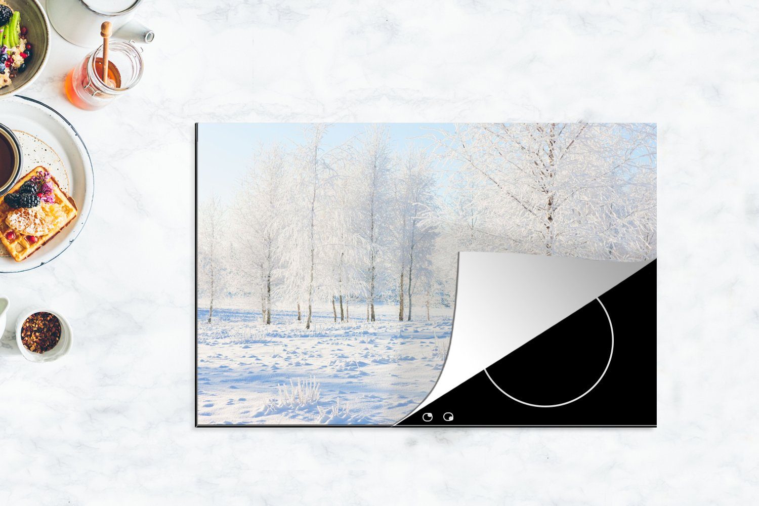 MuchoWow Herdblende-/Abdeckplatte Schnee - Ceranfeldabdeckung für Bäume Winter, tlg), - Induktionskochfeld 80x52 (1 Vinyl, die küche, Schutz cm