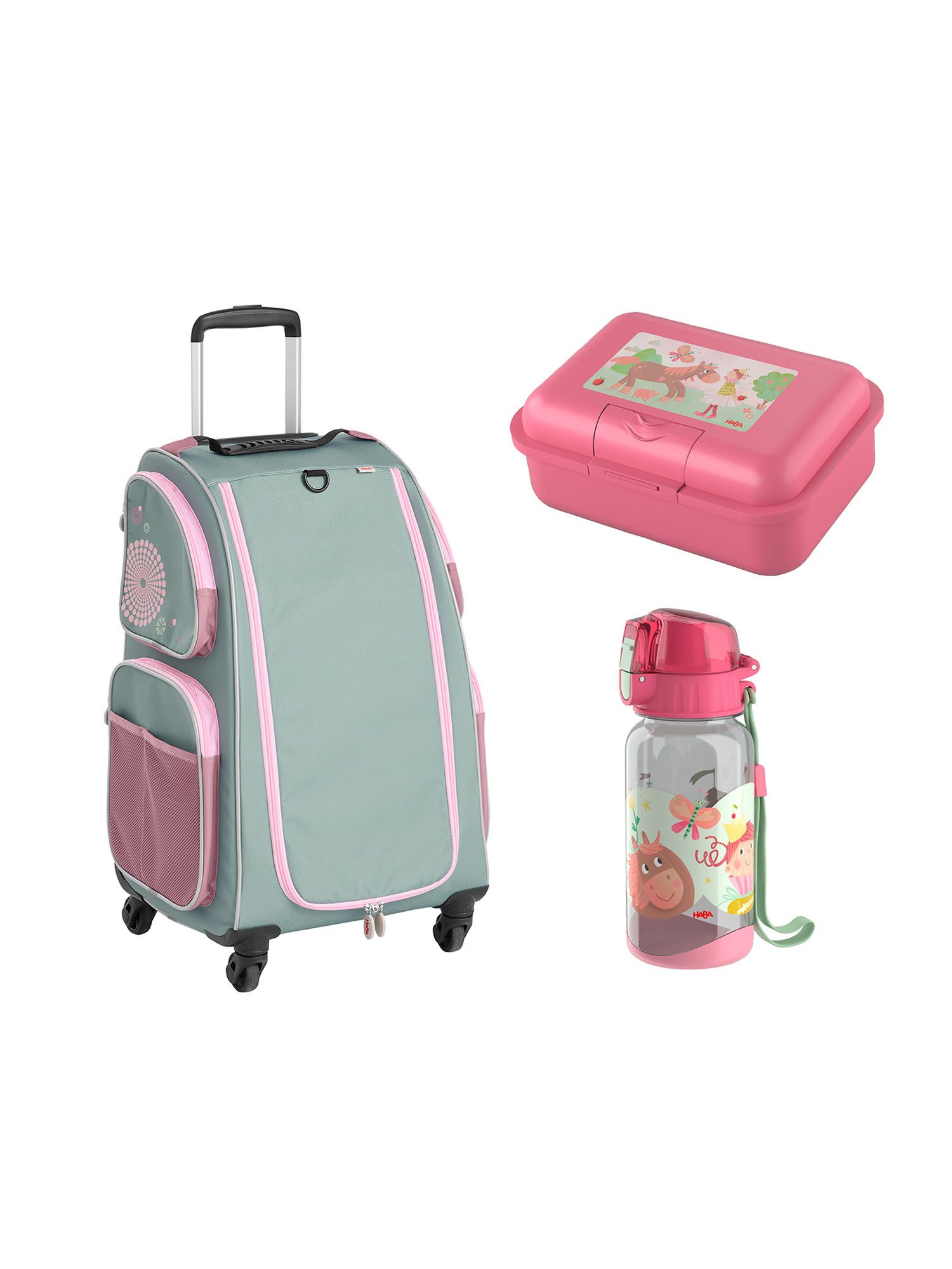 Haba Kinderkoffer Schranktrolley 4 Rollen, Brotdose und Trinkflasche, Reisekoffer Kinder, Trolley Kinder, Чемоданыset Kids