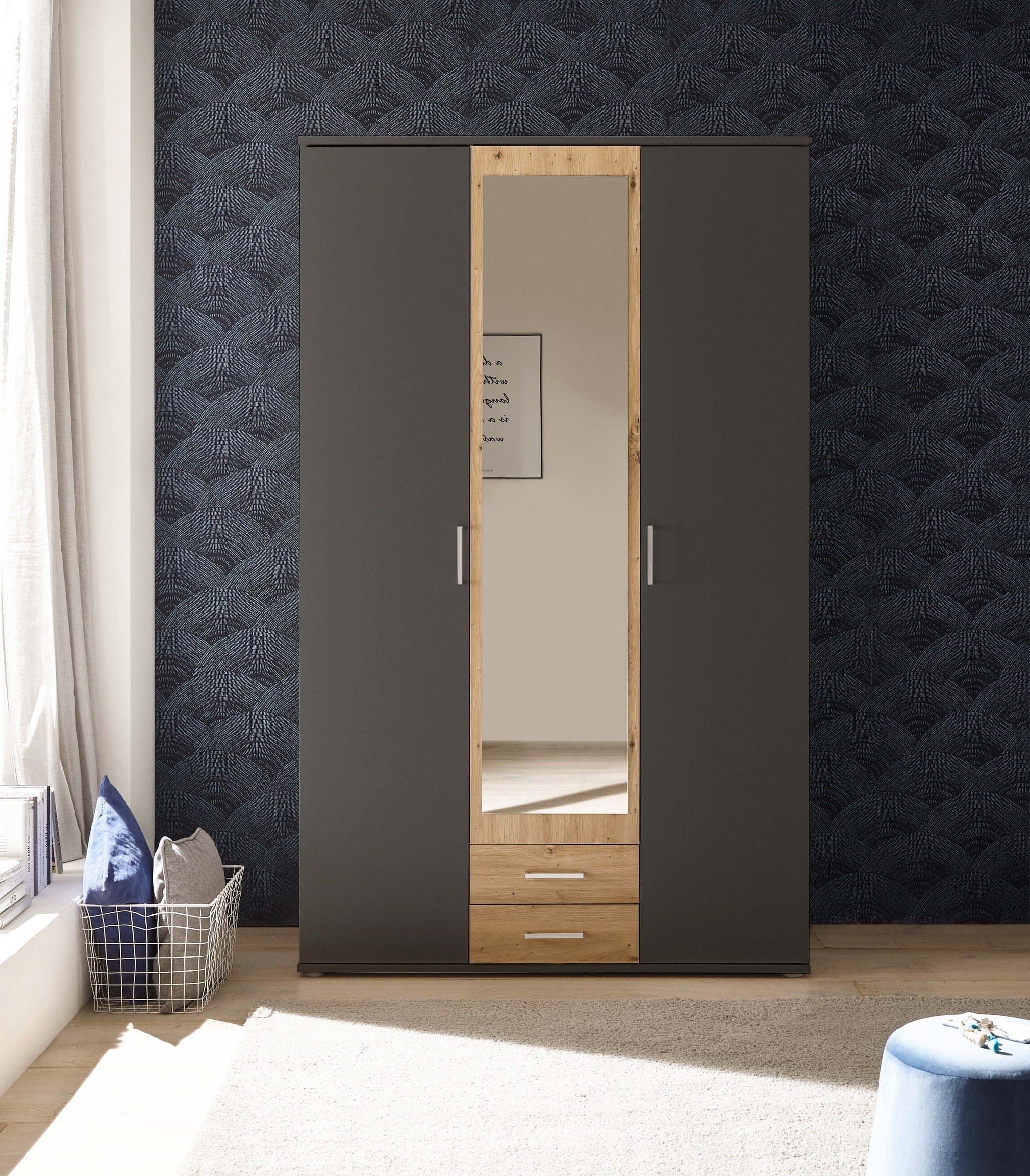 Pol-Power Kleiderschrank in Graphit / Artisan Eiche mit 2 Schubladen und 3 Türen (BxHxT: 120x196x54 cm)