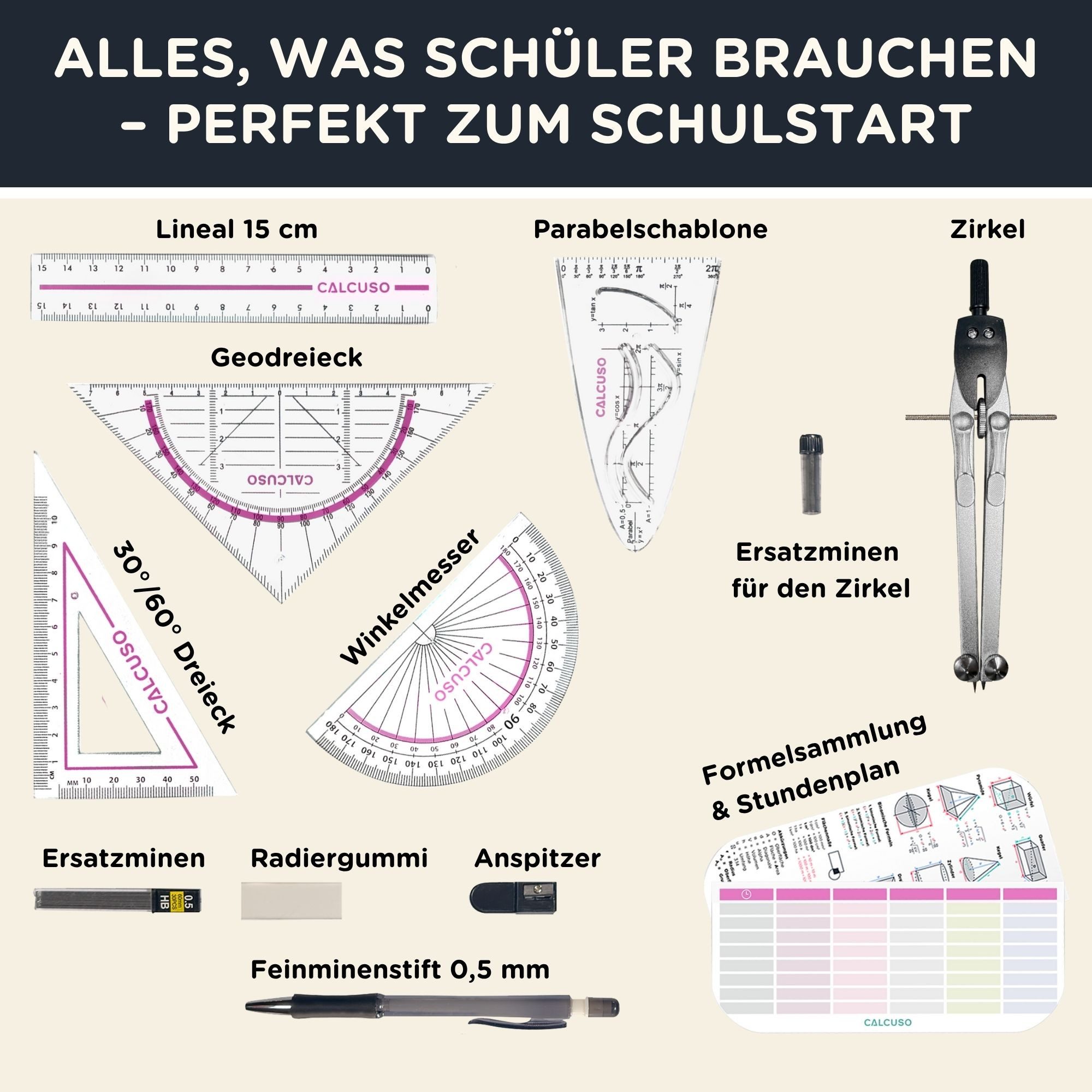 CALCUSO Zirkel Set im Federmäppchen mit Geodreieck & Lineal, Geometrieset - Pink – Bild 2 von 5