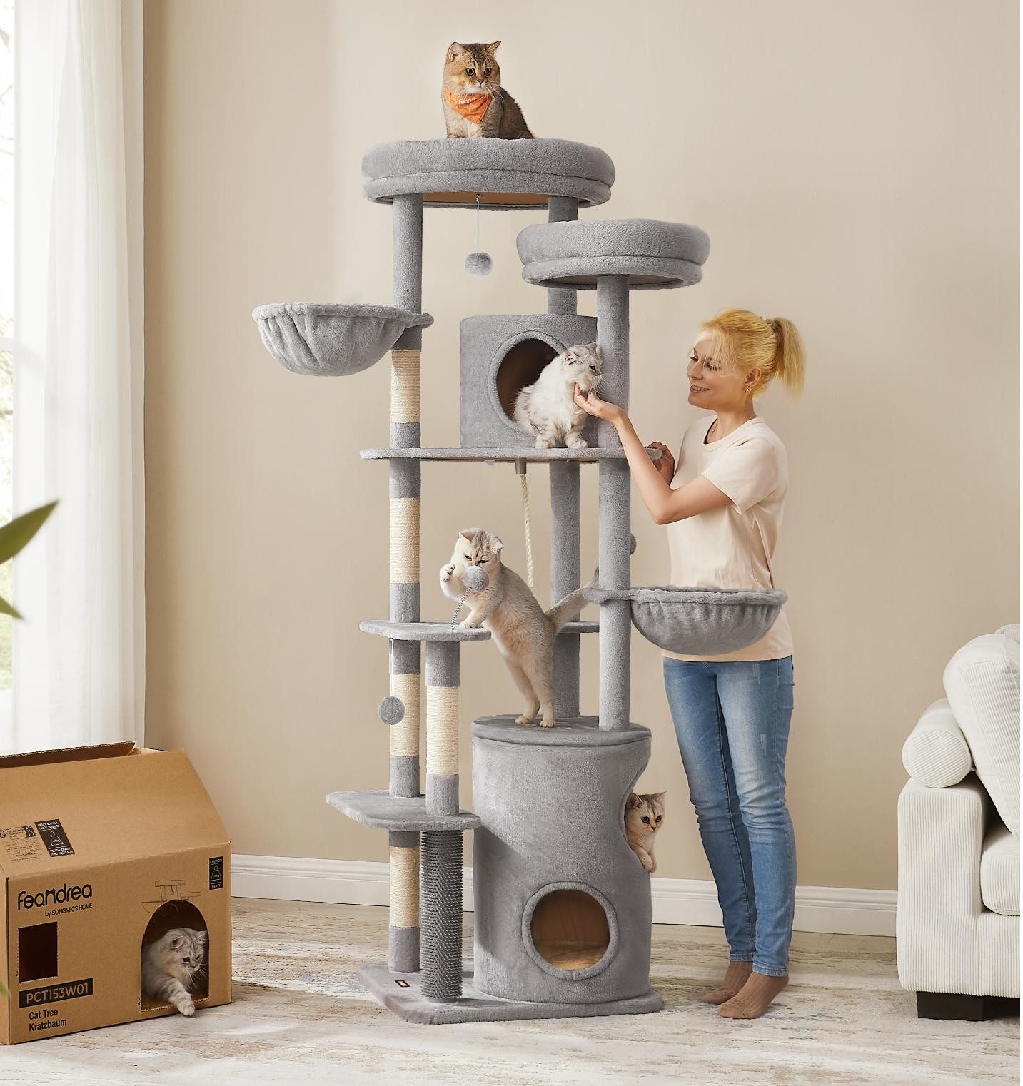 FEANDREA Kratzbaum, 196 cm, mit Katzenturm, warme Kissen, Katzenbürste günstig online kaufen