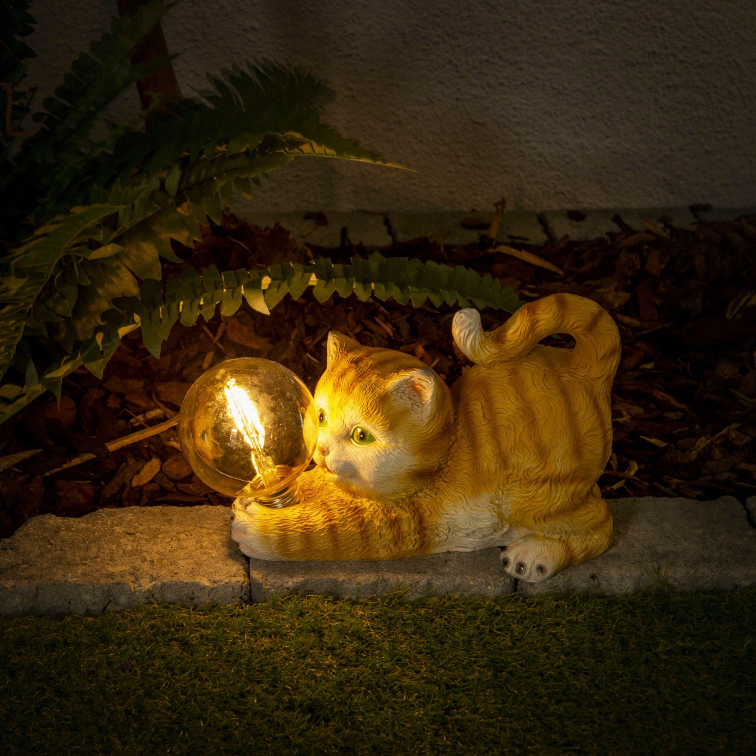 näve LED Solarleuchte Katze, LED und beleuchteter Katze gestreifte süße Kugel Licht warmweißem mit integriert, Warmweiß, fest