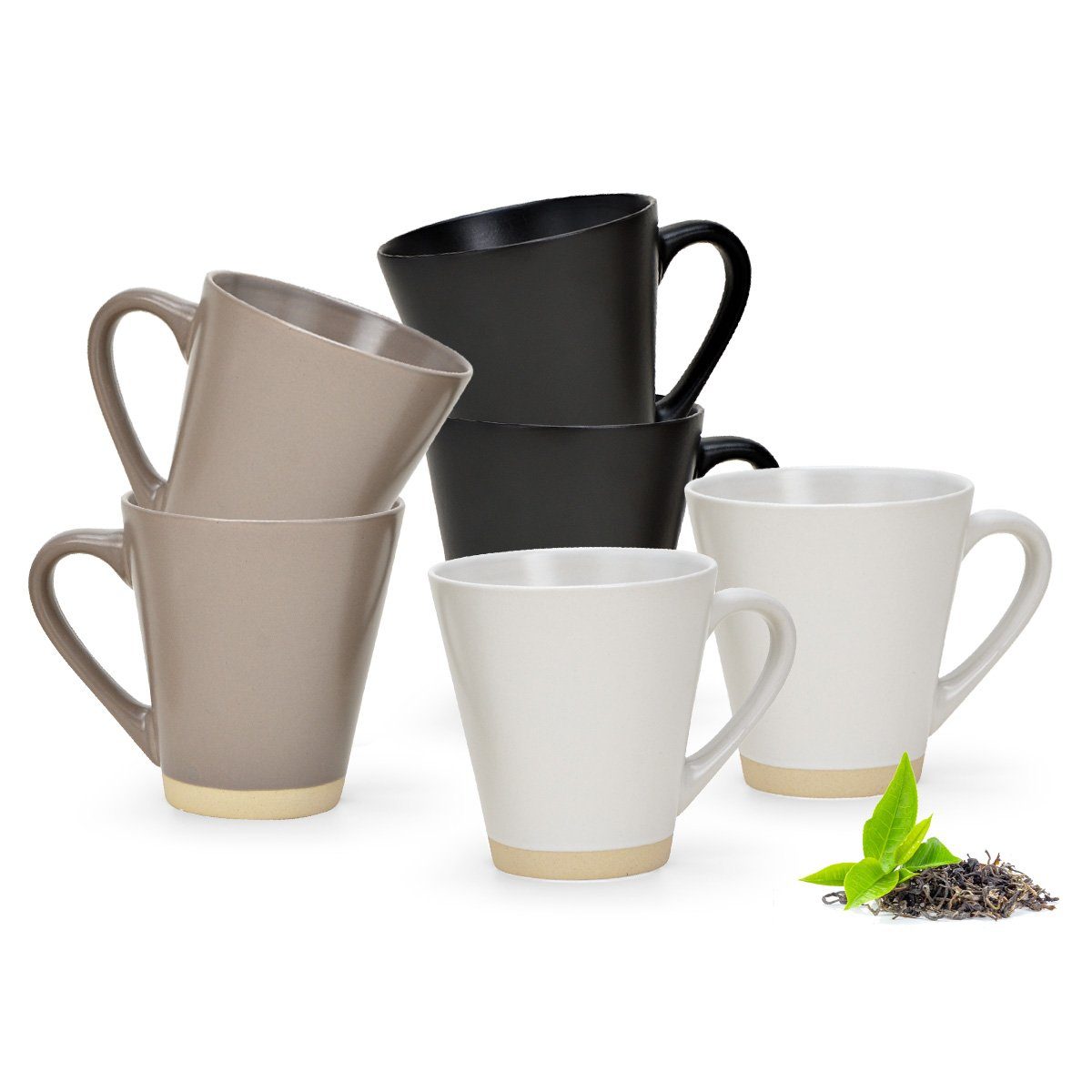 matches21 HOME & HOBBY Tasse Grosse Kaffeetassen 6er Set einfarbig edel Rand creme, Keramik, Tee Kaffee-Becher, modern, schwarz beige weiss, 370 ml