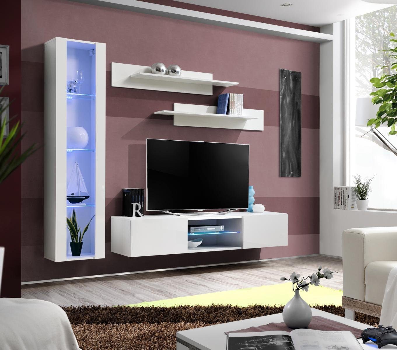 Wand Ständer Wandregal), Wohnzimmer-Set Wohnwand Weiß Europa TV + JVmoebel in Designer 1x Made 1x (5-St., Hänge + 2x Regale 1x Vitrine Luxus Möbel, Hänge Vitrine + Wohnwand