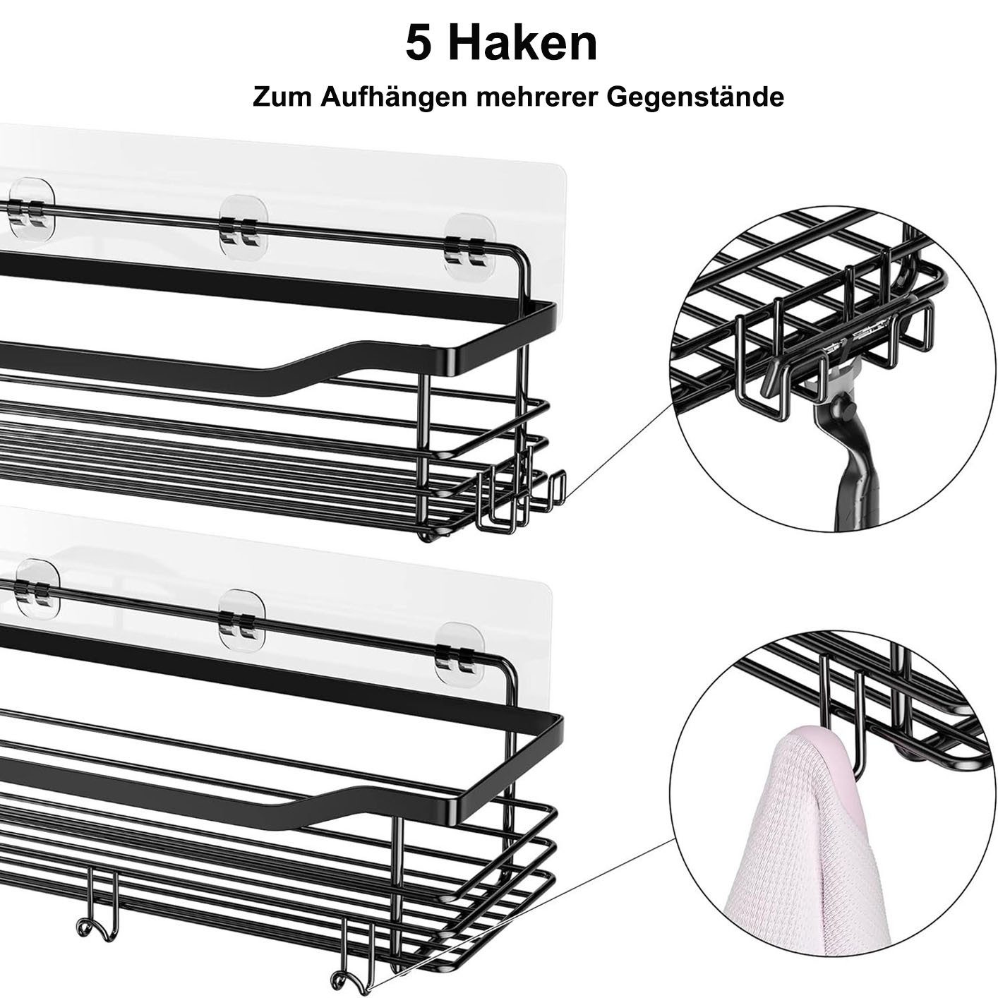 SURFOU Duschregal Duschablage Set ohne Bohren, Edelstahl Regal für Bad und Küche, Duschablage ohne Bohren 2 Stück set, mit 5 haken, zur Aufbewahrung von Shampoo, Duschgel, Handtüchern, Toilettenartikeln und Reinigungsmitteln, Rostfreier Wand-Duschregal