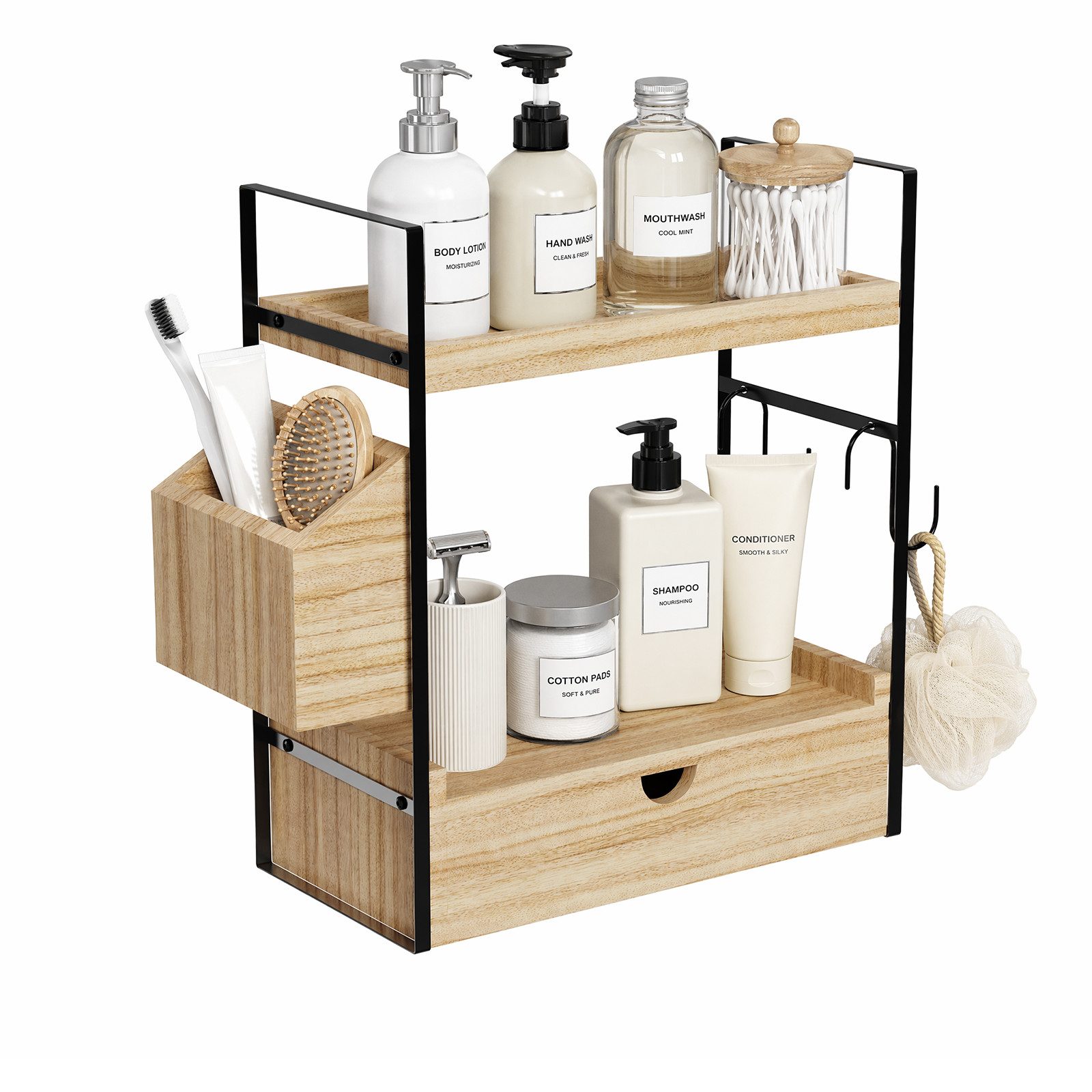 JEOBEST Standregal Badregal Küchenregal Gewürzregal, Multifunktionales Gewürzregal, (1St) 2-Ebenen Badezimmer Organizer mit Schubladen, Körben und 2 Haken