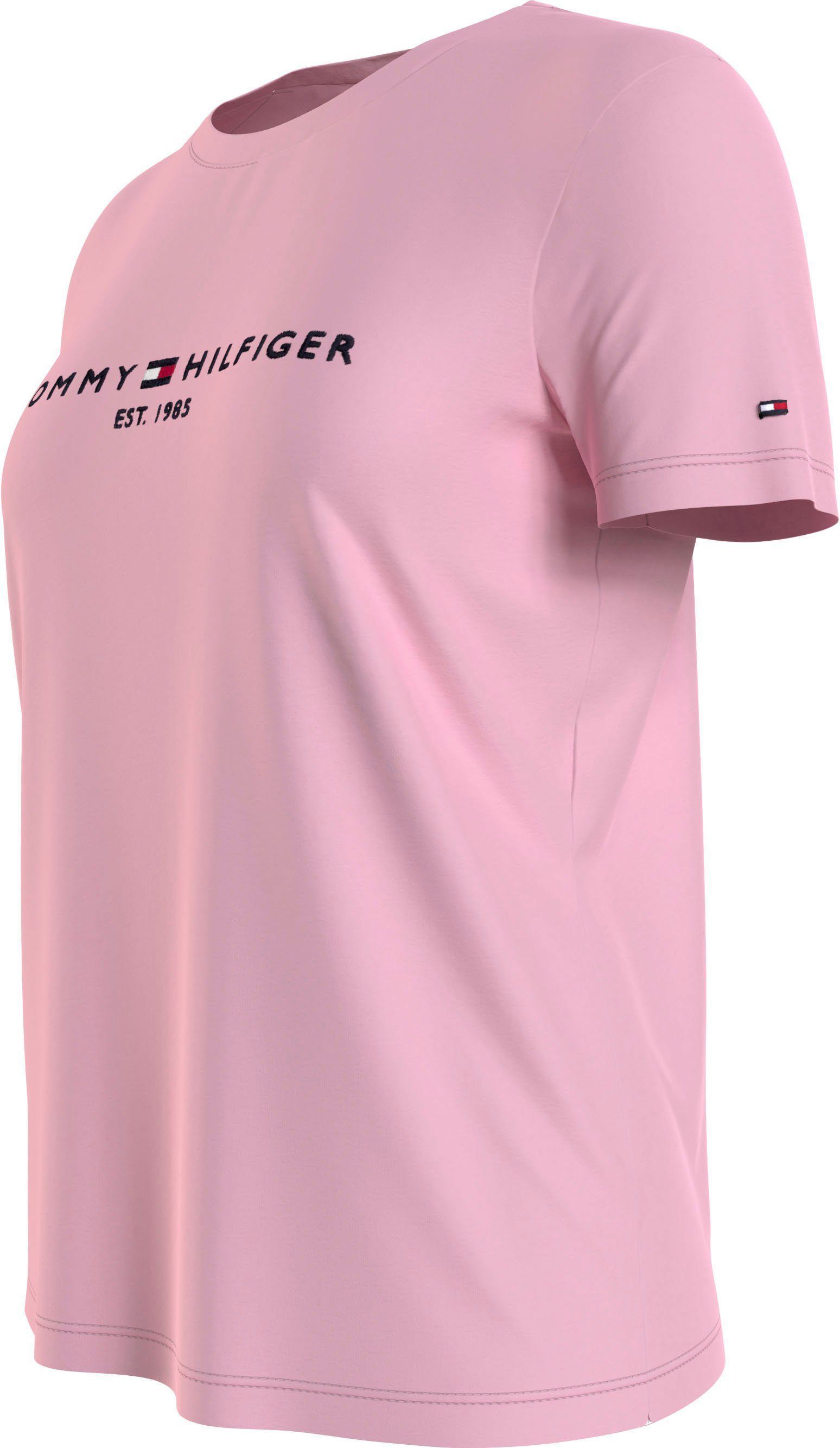 SS Pastel C-NK Hilfiger Hilfiger mit Tommy TH Tommy TEE Pink HILFIGER ESS REG Linear Logo-Schriftzug Rundhalsshirt