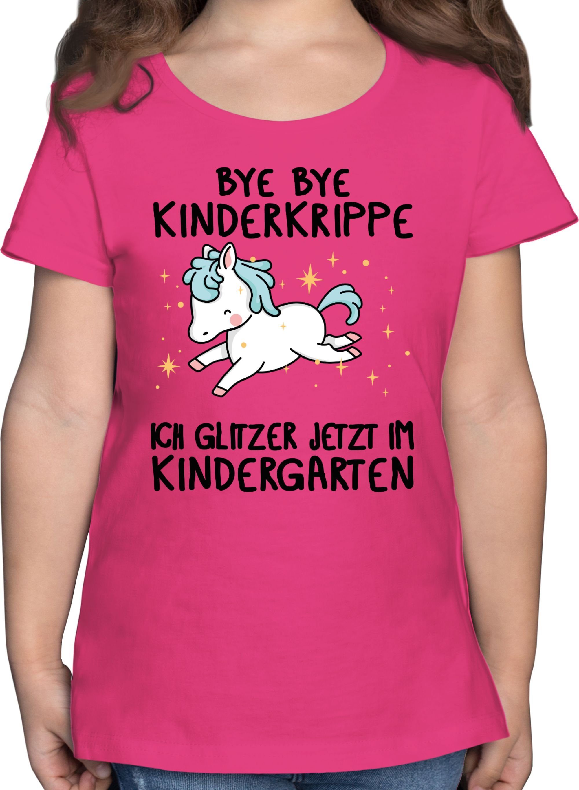 Shirtracer T-Shirt Glückliches Einhorn - Bye Bye Kinderkrippe ich glitzer jetzt im Kinder Hallo Kindergarten 1 Fuchsia