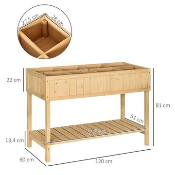 Outsunny Hochbeet Pflanztisch Blumenkasten mit Ablage Tanne Massivholz Natur (Set, 1 St., Anzuchttisch 8 Fächer mit Abfluss), L120 x B60 x H81 cm