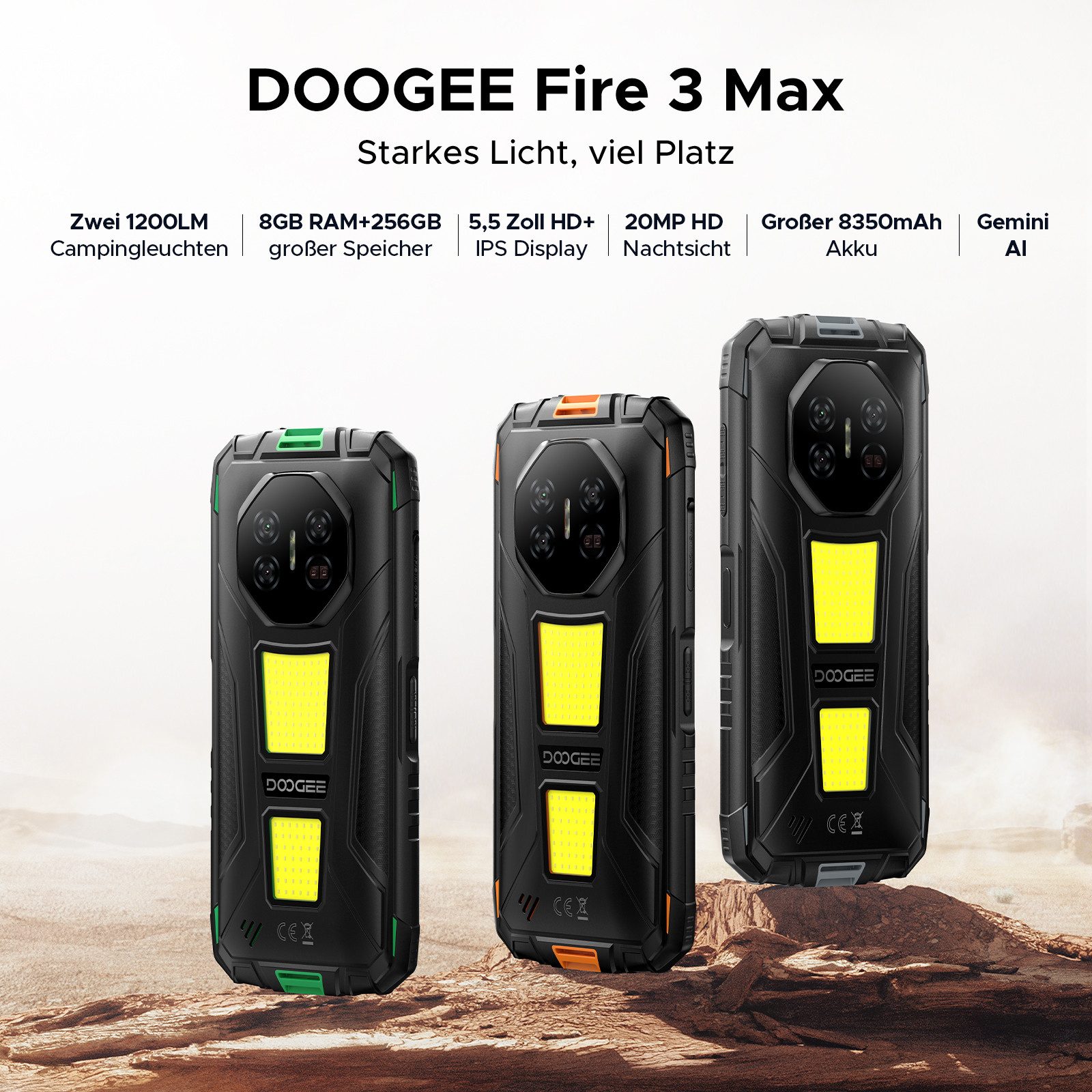 DOOGEE Fire3 Max Outdoor, 48MP+20MP Nachtsicht, 1200LM Lampe Smartphone (14 cm/5.5 Zoll, 256 GB Speicherplatz, 48 MP Kamera, 5,5 Zoll, 48MP+20MP Kamera, 8GB+268GB/2TB-8350mAh, IP68 Wasserdicht)