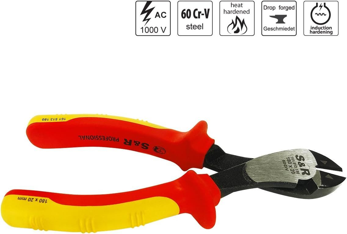 S&R Seitenschneider VDE-Kraft-Seitenschneider 180mm 1000V-geprüft, 1-tlg., aus 60CrV Stahl, HRC 58-65, phosphatiert