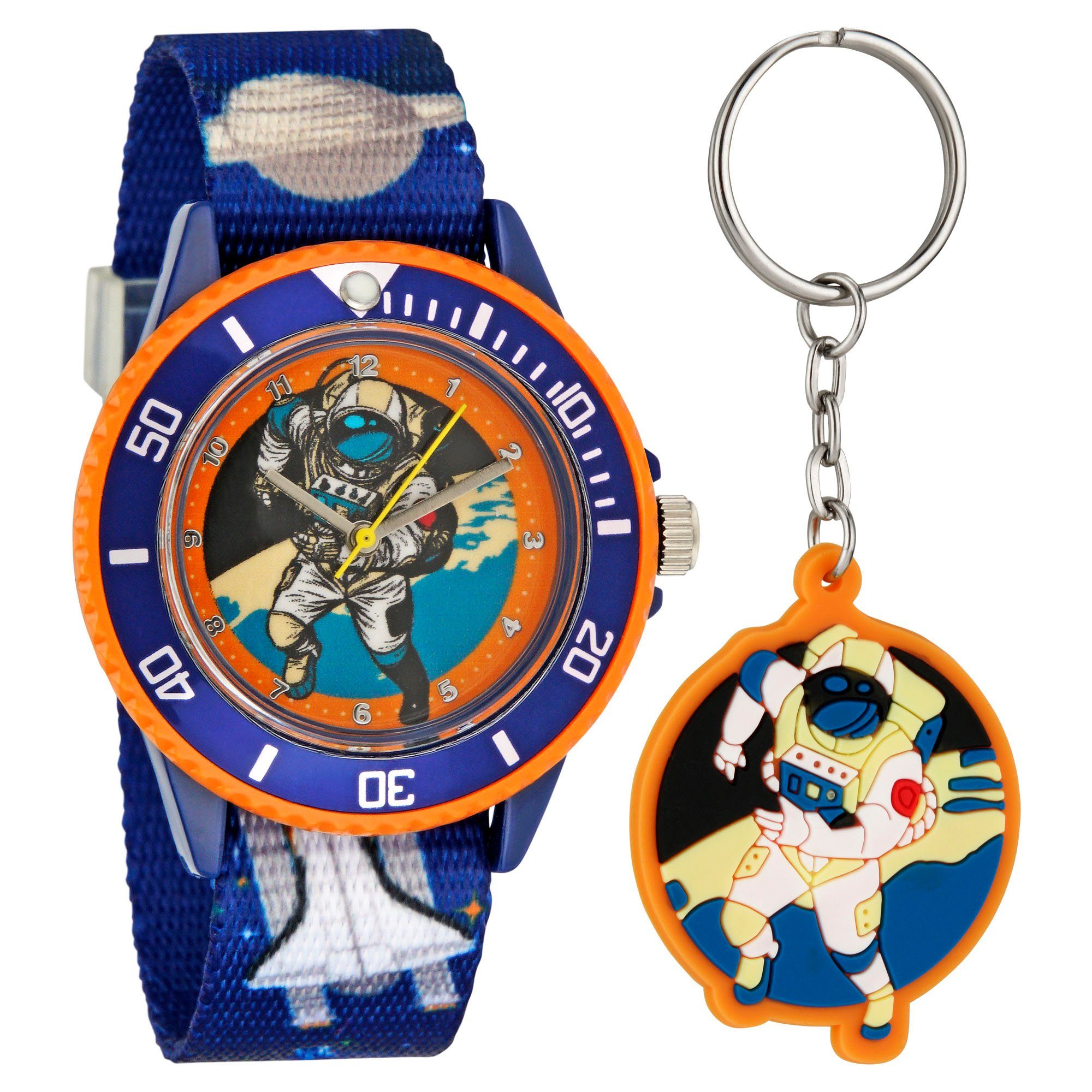 Quarzuhr Kinderarmbanduhr mit Textilarmband und Schlüsselanhänger, Mit Schlüsselanhänger Blau