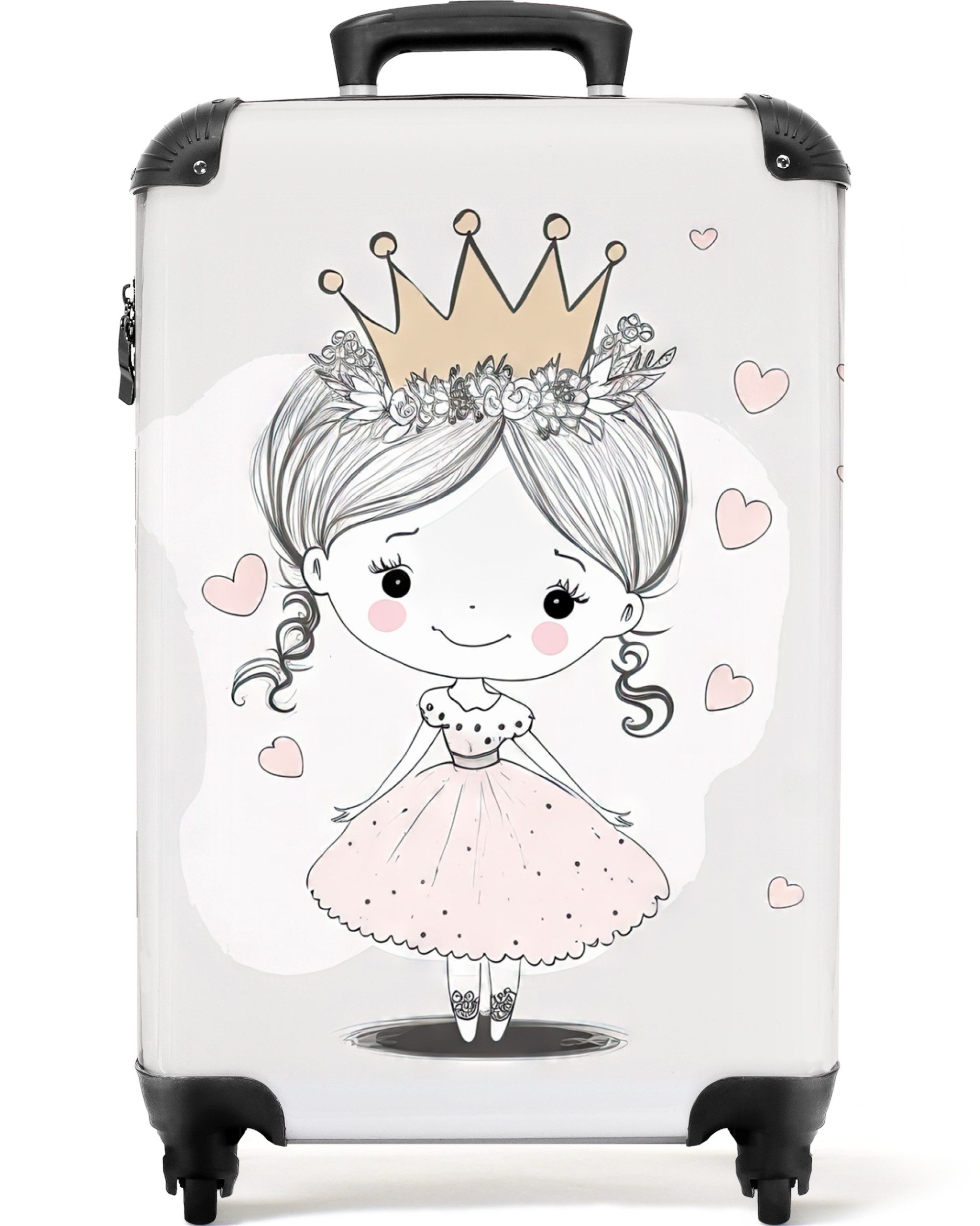 NoBoringSuitcases.com© Kinderkoffer Prinzessin - Herzen - Blumen - Krone - Mädchen 55x35x20cm, 4 Rollen, Handgepäck-Koffer, Kinderkoffer, Reisekoffer Mädchen