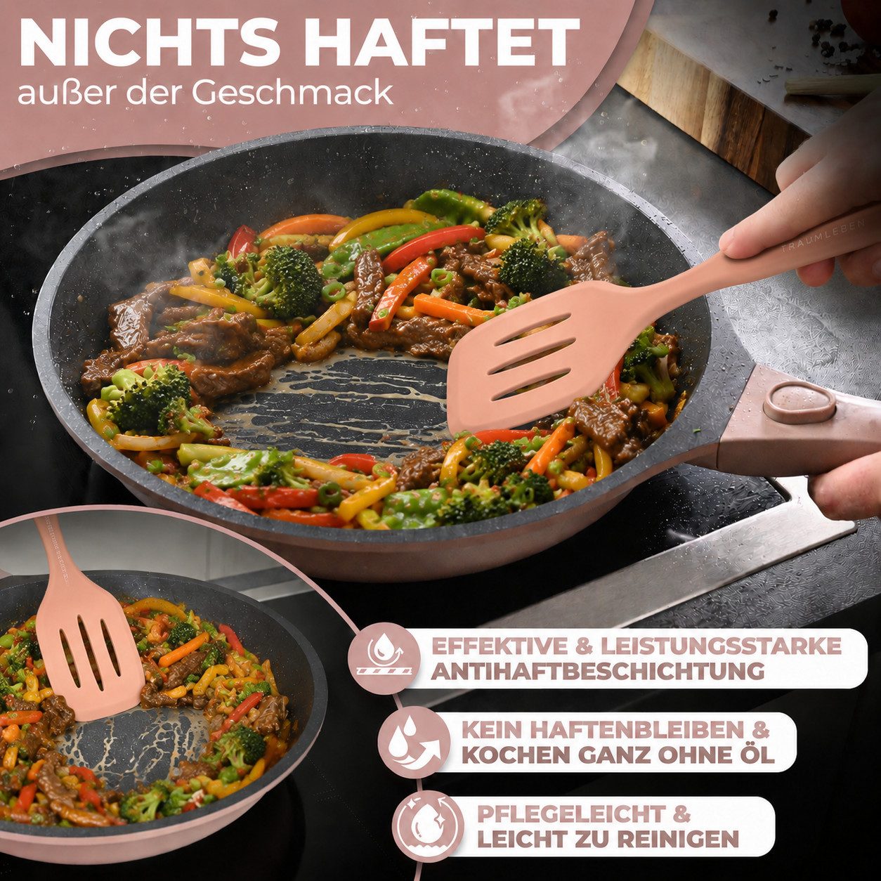 TRAUMLEBEN Bratpfanne Antihaftbeschichtung, Induktion, abnehmbarer Griff, backofenfest, Aluminium, Beschichtete Pfanne – Bild 3 von 5