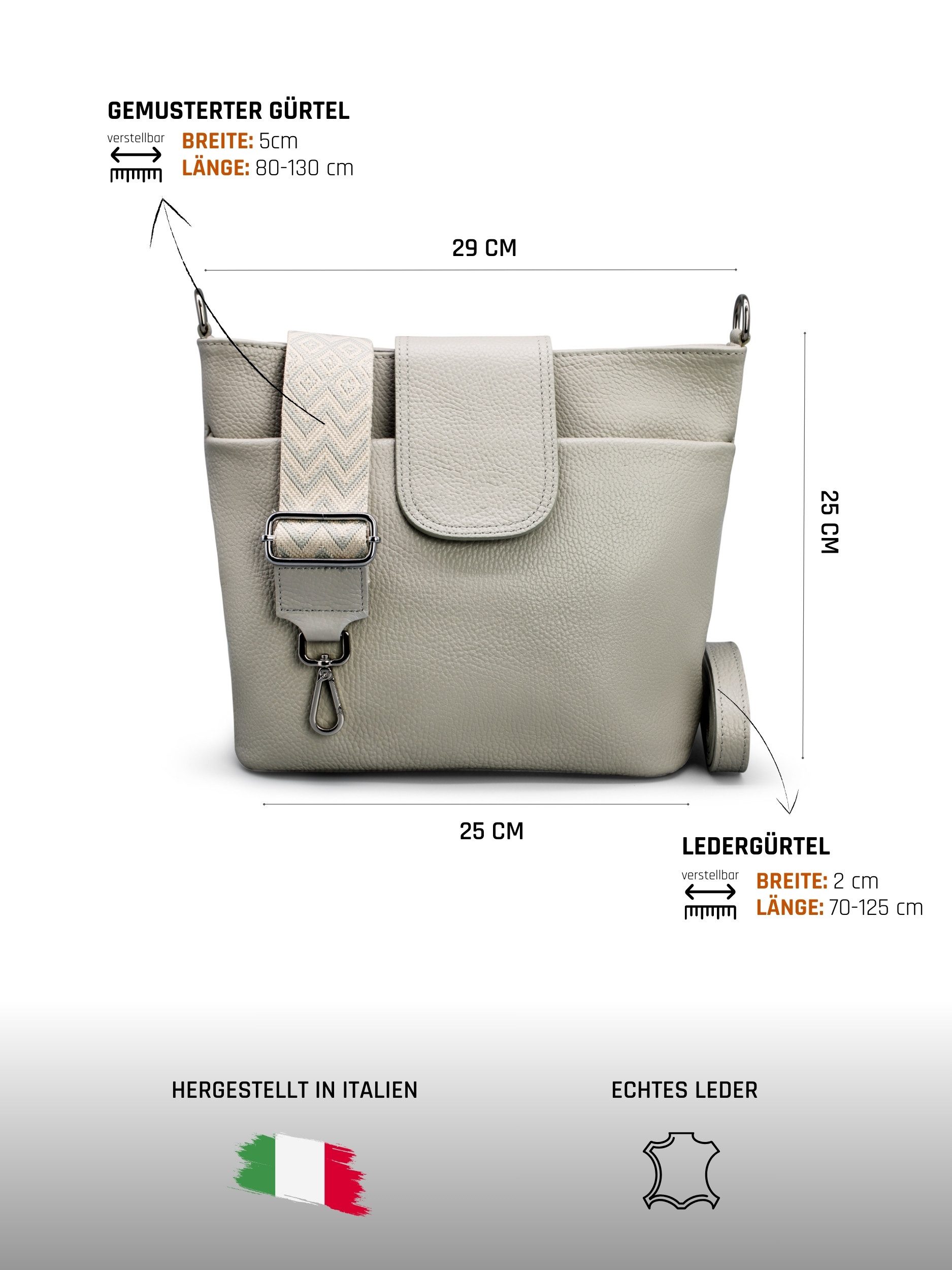 Adel Bags Schultertasche SARA Umhängetasche für Damen, Schultertasche aus Echtleder (Test SEHR GUT, Note 1.1), 20 Farboptionen, Hergestellt in Italien, mit 2 Riemen