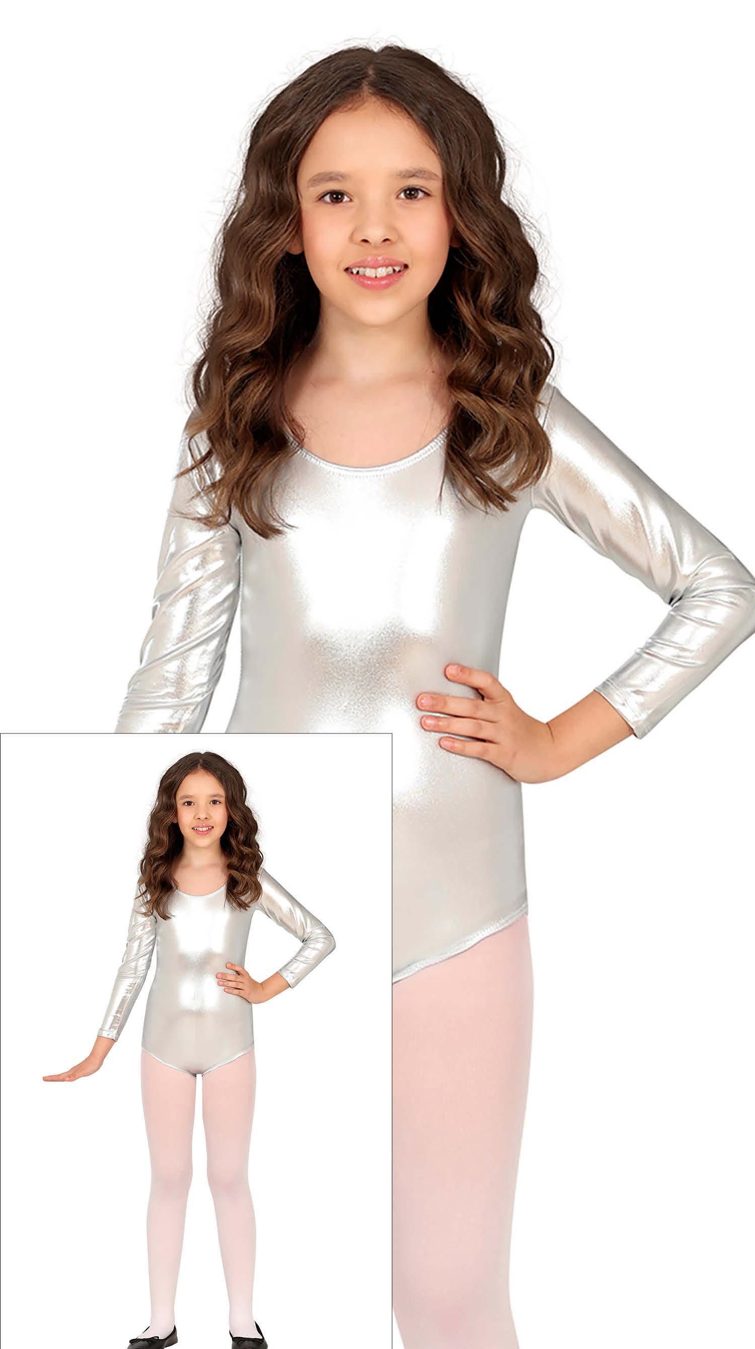 Fiestas Guirca Kostüm, Sport Star Langarm Body Silber Metallic Karneval Kinder Outfit Kostüm