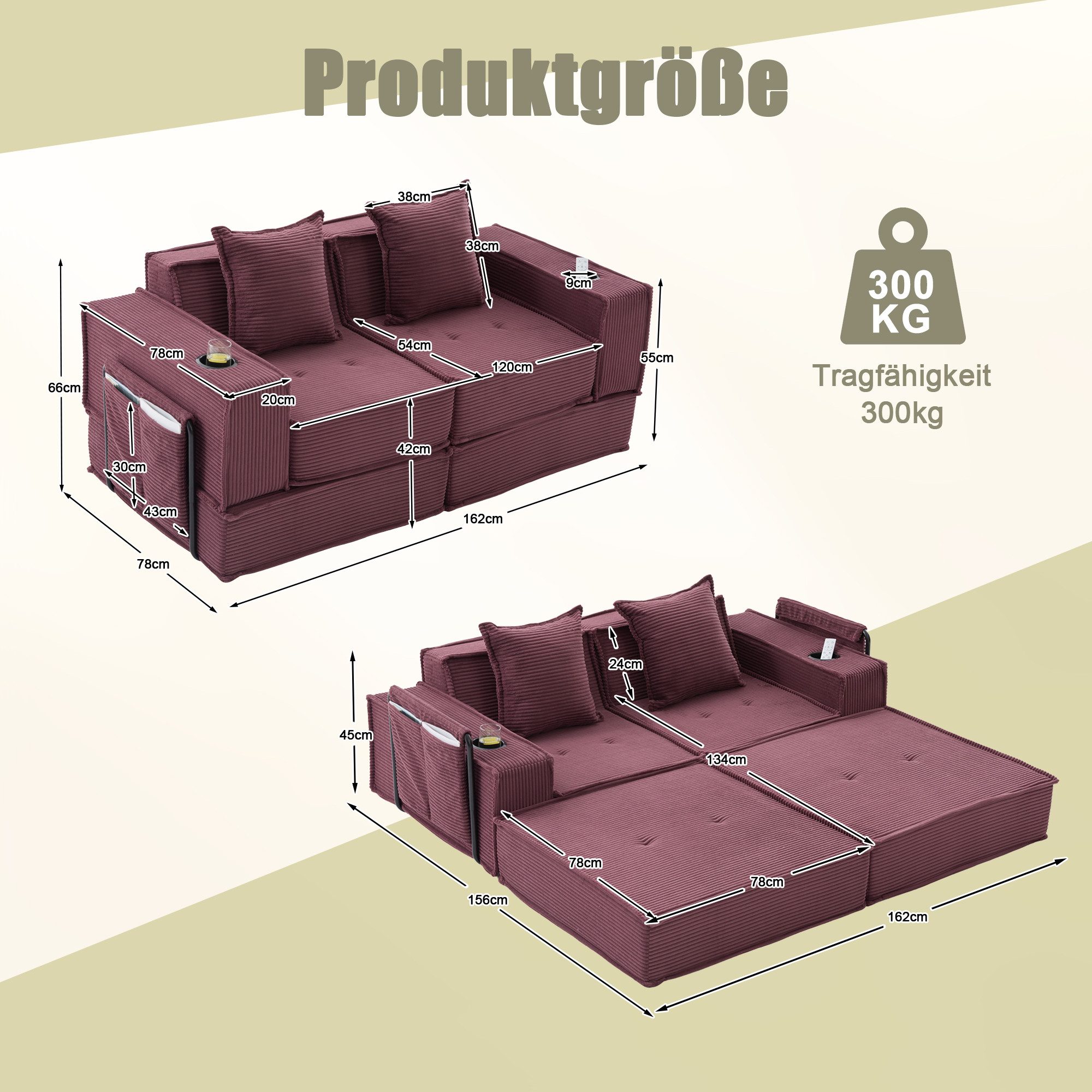 BlingBin Schlafsofa 2-Sitzer Schlafsofa mit Hocker & Stauraum, Cord/Chenille Stoff, inkl. 2 Kissen, Getränkehalter & Seitentaschen 1 Teile, mit Klapp-Liegefläche 162×156 cm, Tragfähigkeit 300 kg – Cozy Nook