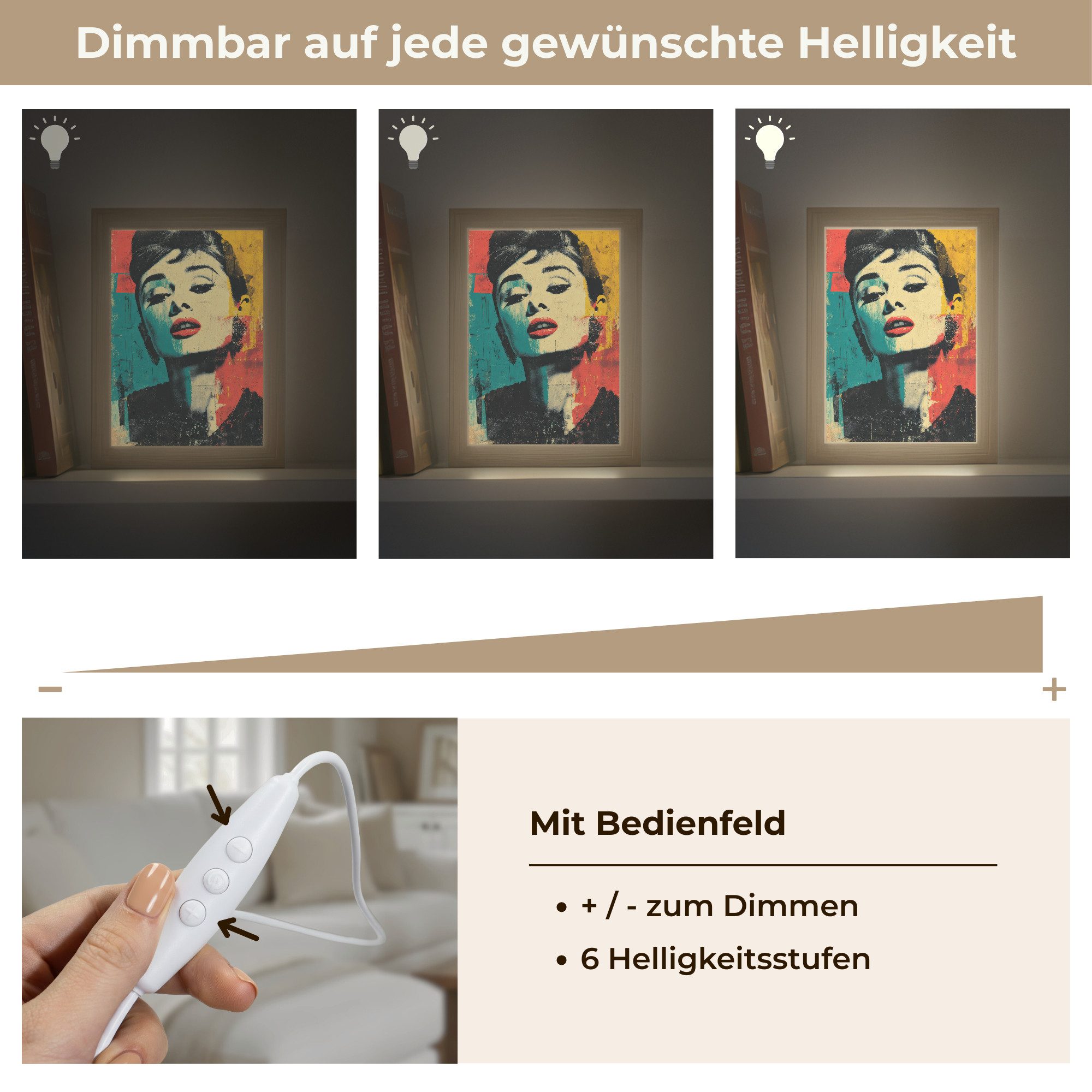OnlyWow Wandleuchte Lightbox Frau - Rote Lippen - Ausdrucksstark - Grafik, Dimmbar, Farbwechsel, LED, Warmweiß, Kaltweiß, Neutralweiß Einstellbar, Wandlampe Innen, Dimmbar, mit Kabel, LED, Beleuchtung, Wohnzimmer