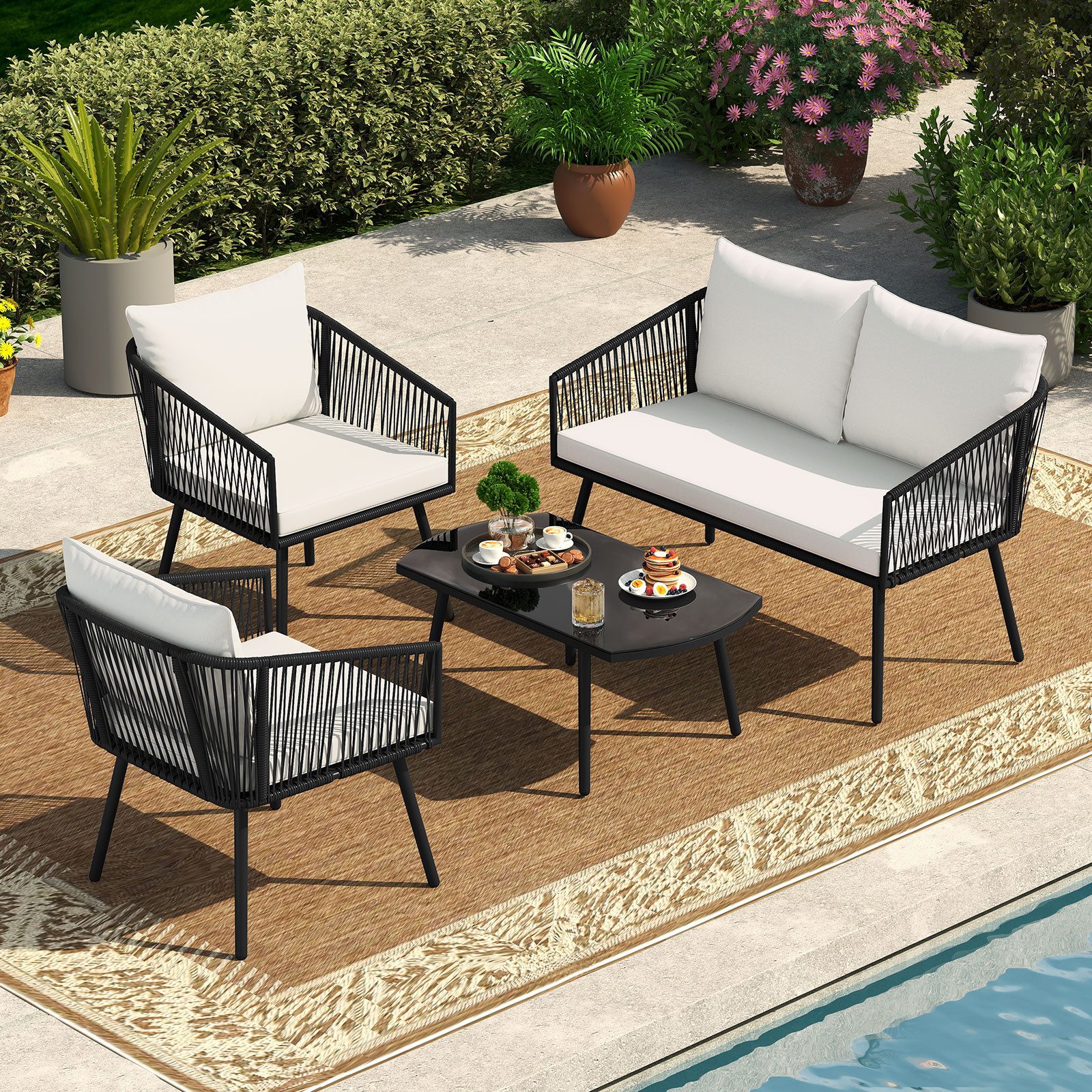 COSTWAY Gartenlounge-Set, (4-tlg), mit Esstisch, Balkonset 4 Personen mit Kissen