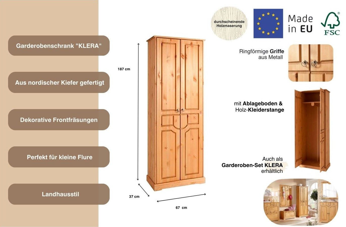 OTTO home Garderobenschrank Klera Breite 67 cm, aus massiver Kiefer, FSC®-zertifiziert