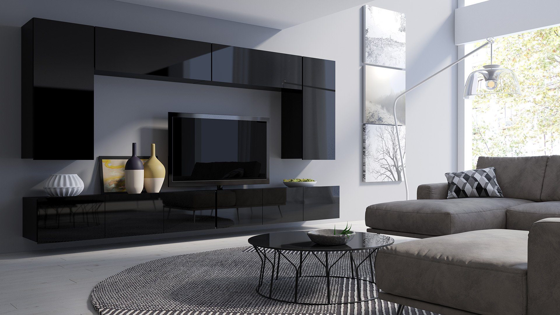 Stylefy Wohnwand Bietula, (Set (6-St), Wohnzimmer-Set), 6-teilig, FSC-Zertifizierung, Modern Design, variabel hängbar Schwarz Hochglanz