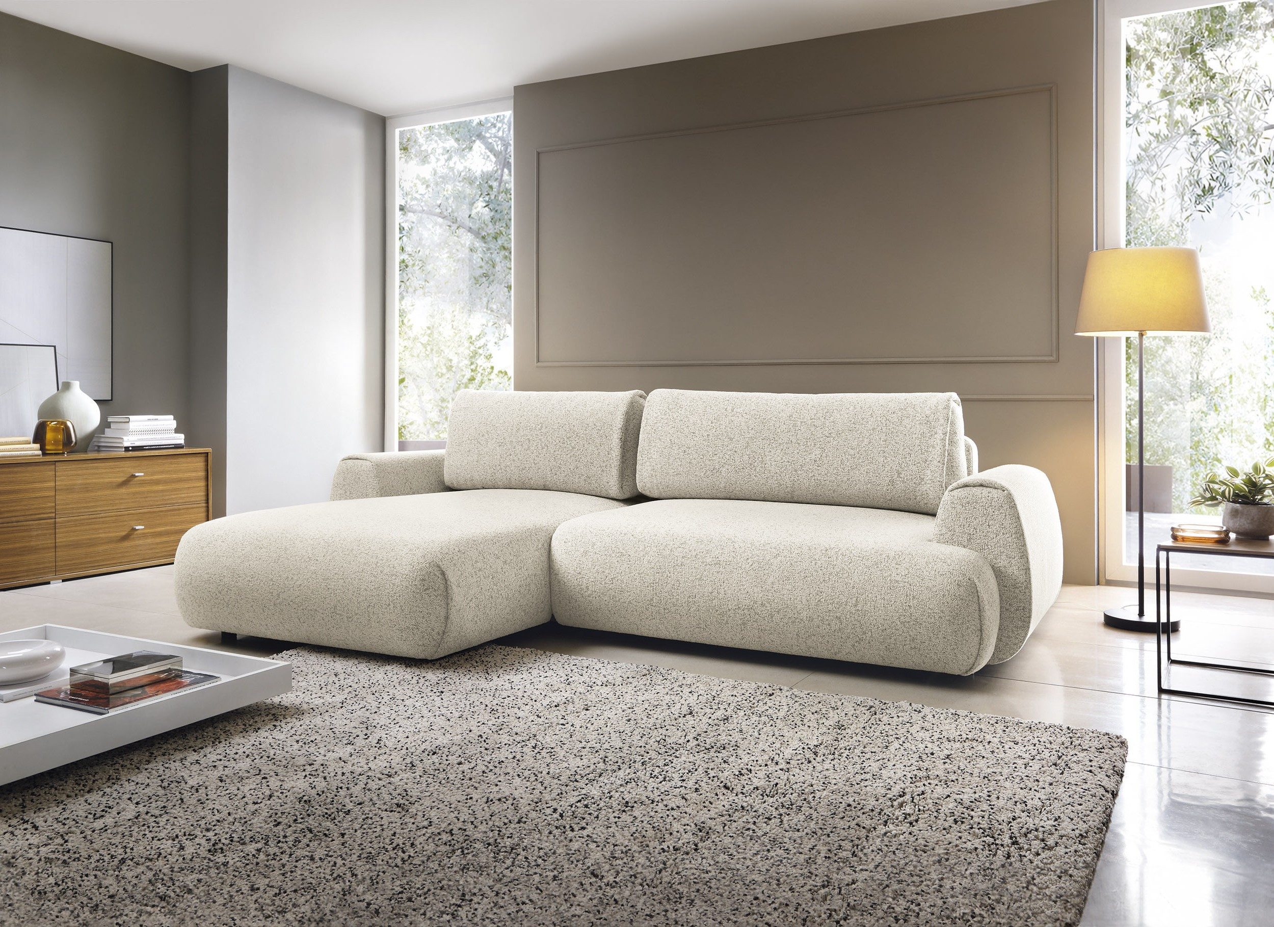 Goldstoff Ecksofa MAILO L-Form, mit Bettfunktion und Bettkasten, Sofa mit Schlaffunktion, Couch für Wohnzimmer - Schlafsofa - Eckcouch, Tiefe Sitzfläche & ergonomische Rückenlehne