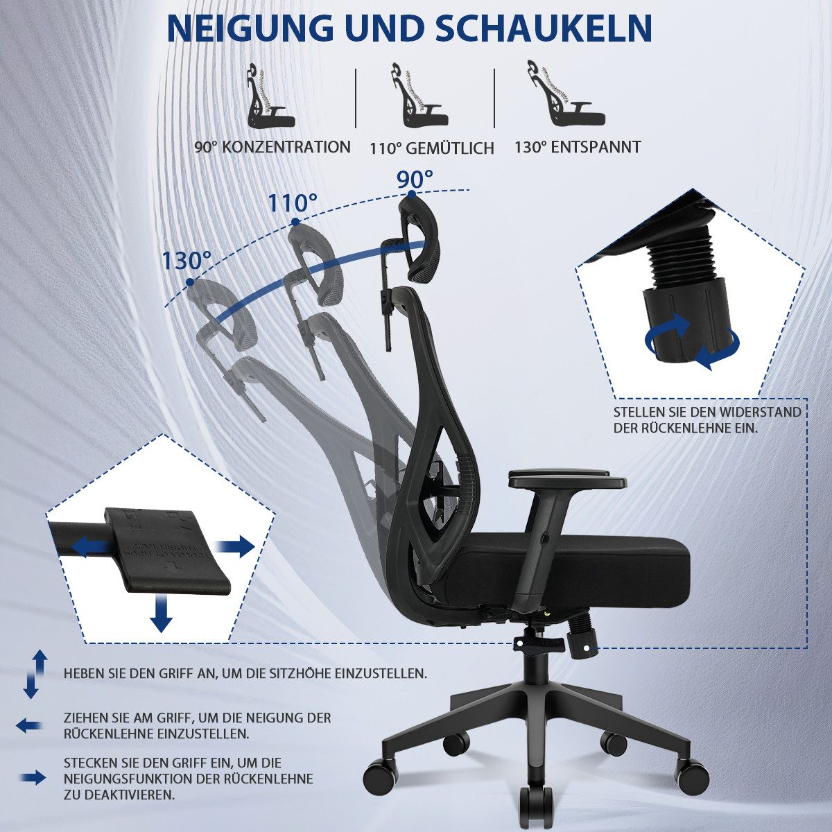 Durrafy Bürostuhl 200kg Ergonomischer Bürostuhl-Verstellbare Lordosenstütze (Verstellbare Lendenwirbelstutze + Kopfstutze + hohenverstelbare Armlehnen),bis zu 130° neigbar, atmungsaktives Netzgewebe, Drehstuhl),bis zu 130° neigbar, atmungsaktives Netzgewebe, Drehstuhl