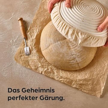 Praknu Gärkorb Für Brot Rund 30 cm 2kg - Gärkörbchen für Brotteig zum Brotbacken, Aus nachhaltigem Rattan - Geruchsneutral - Mit Backutensilien