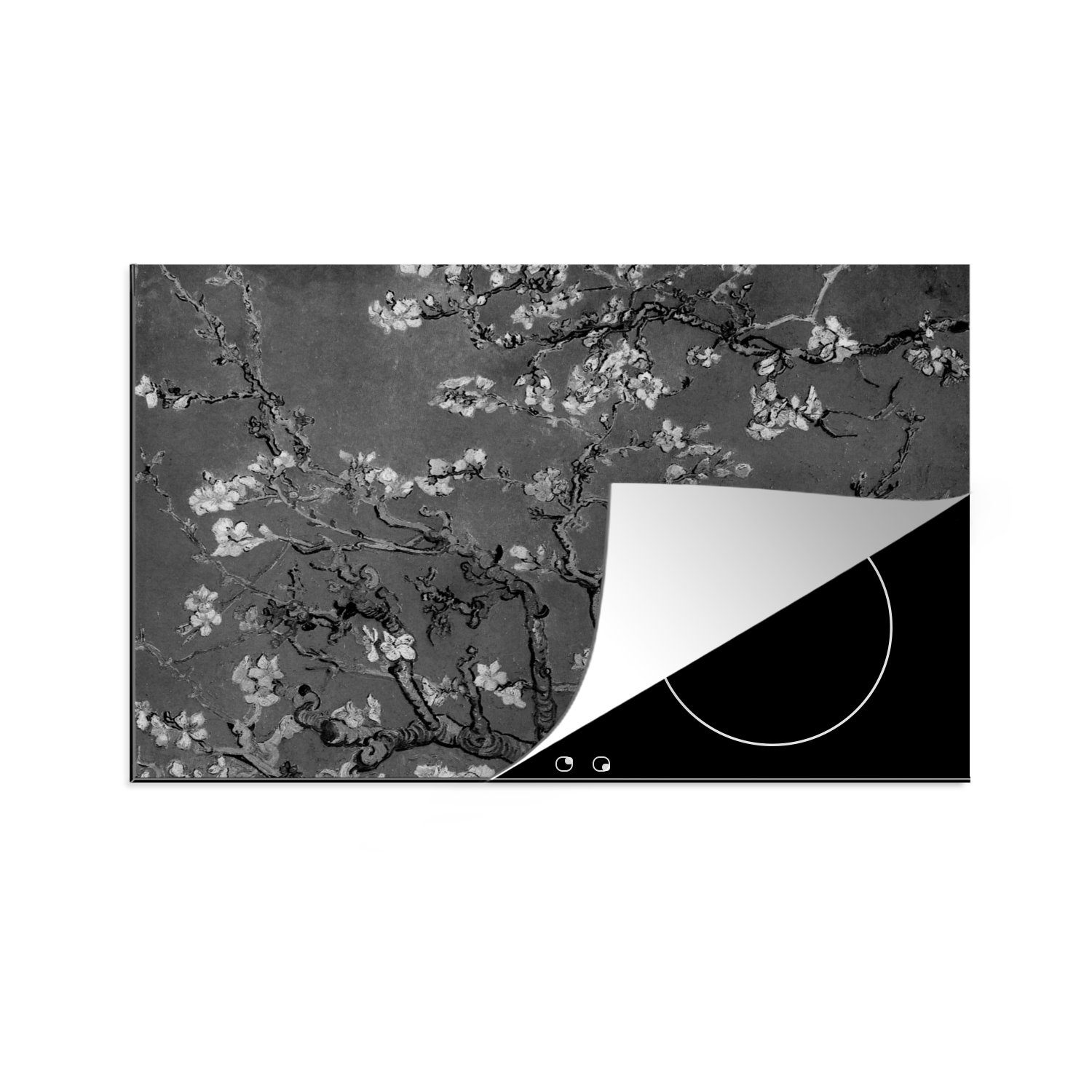 MuchoWow Herdblende-/Abdeckplatte Mandelblüte - Van Gogh - Schwarz und weiß, Vinyl, (1 tlg), Induktionsschutz - Herdabdeckung Matte von Vinyl, das perfekte, rollbare Material für jedes Kochfeld - vergrößert die Arbeitsfläche - Küchen Dekoration - Induktionsherd Abdeckung Induktionskochfeld