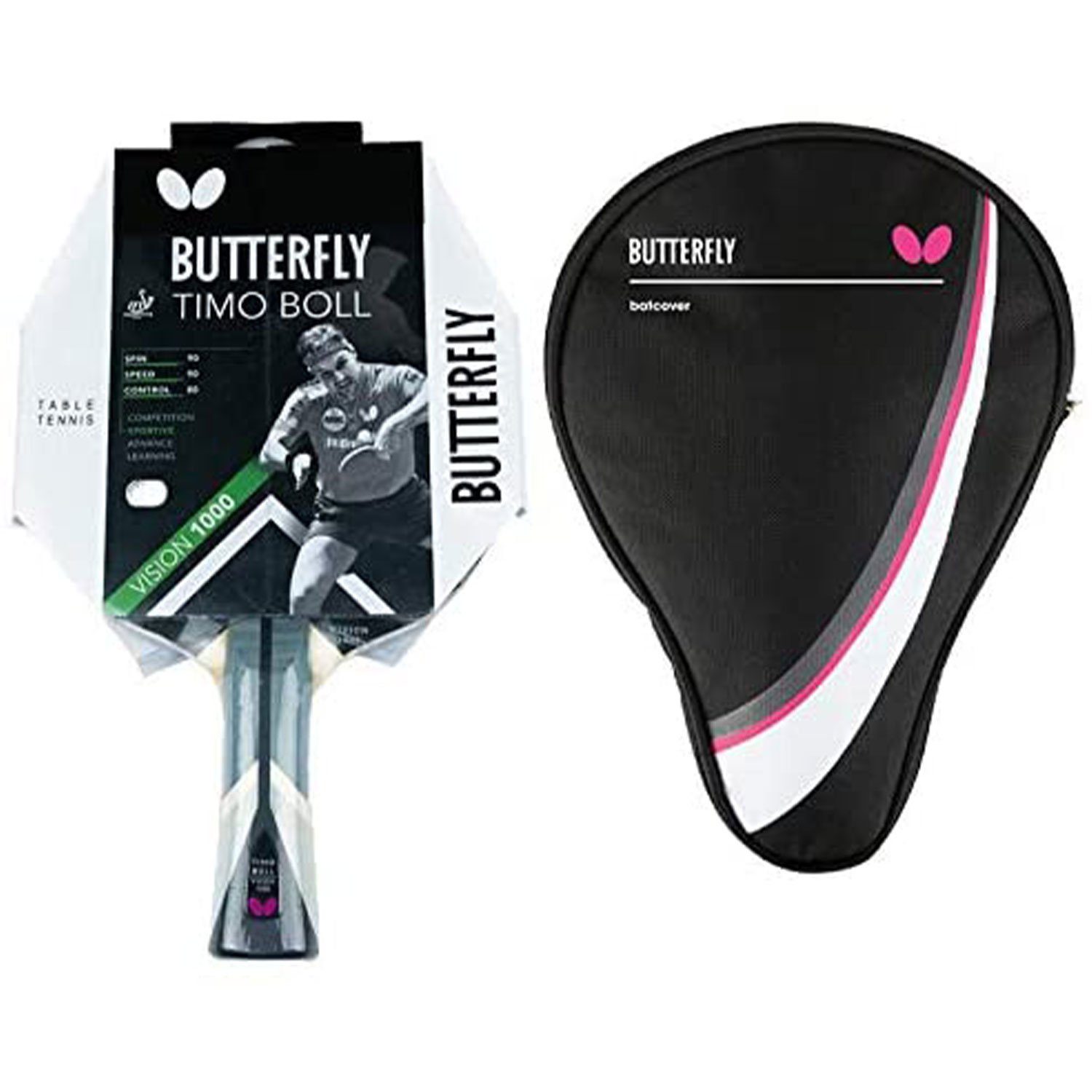 Butterfly Tischtennisschläger 1x Timo Boll Vision 1000 + Drive Case 1, Tischtennis Schläger Set Tischtennisset Table Tennis Bat Racket