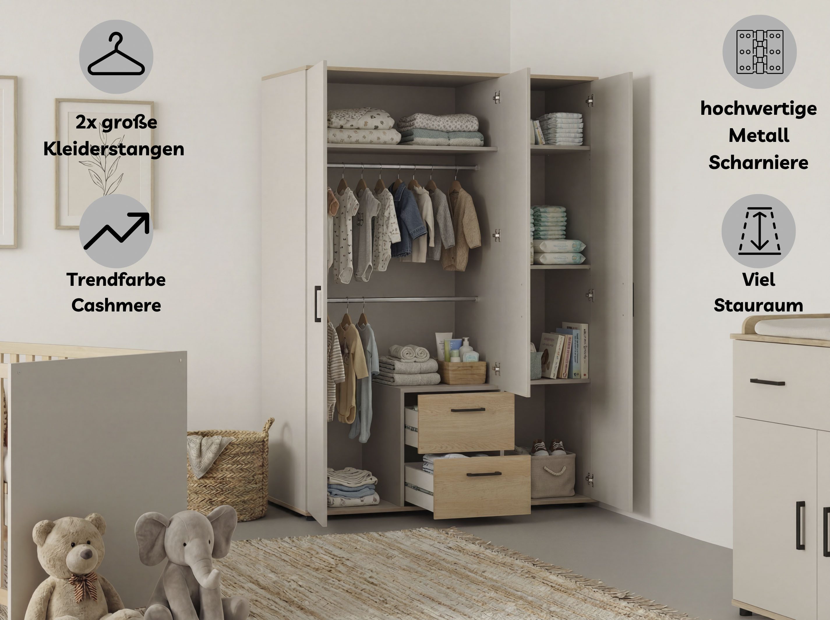 OTTO home Babyzimmer-Komplettset Rieke Bis ins Jugendalter, toll für kleine Zimmer, (Spar-Set, 4-tlg., Kinderbett, Schrank 3 türig, Wickelkommode + Unterbauregal), Farblich abgestimmte Möbelserie