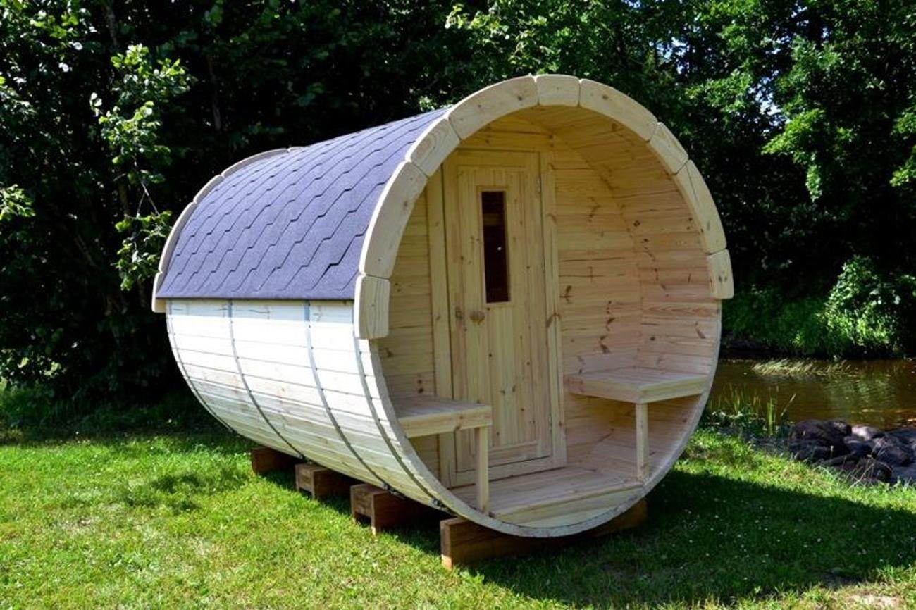 JVmoebel Sauna Saunafass Garten Haus 46mm Wandstärke mit Schindeln 4-6 Personen, BxTxH: 2.27 x 2.4 x 2.38 cm, 46,00 mm, (1-St., 1x Sauna) Made in Europa