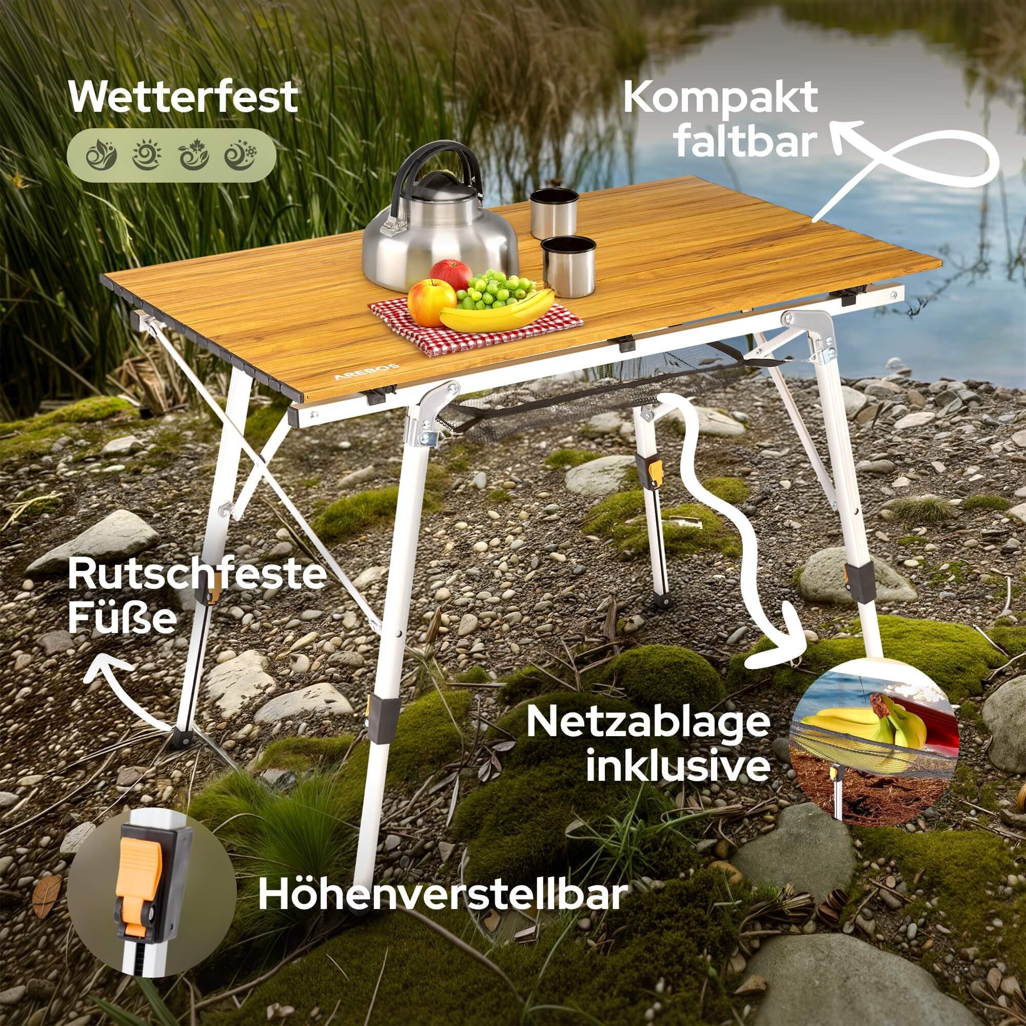 Arebos Campingtisch 120x70 cm Reisetisch faltbar, klappbar für Camping, Picknick & Balkon, Belastbarkeit: 30 kg