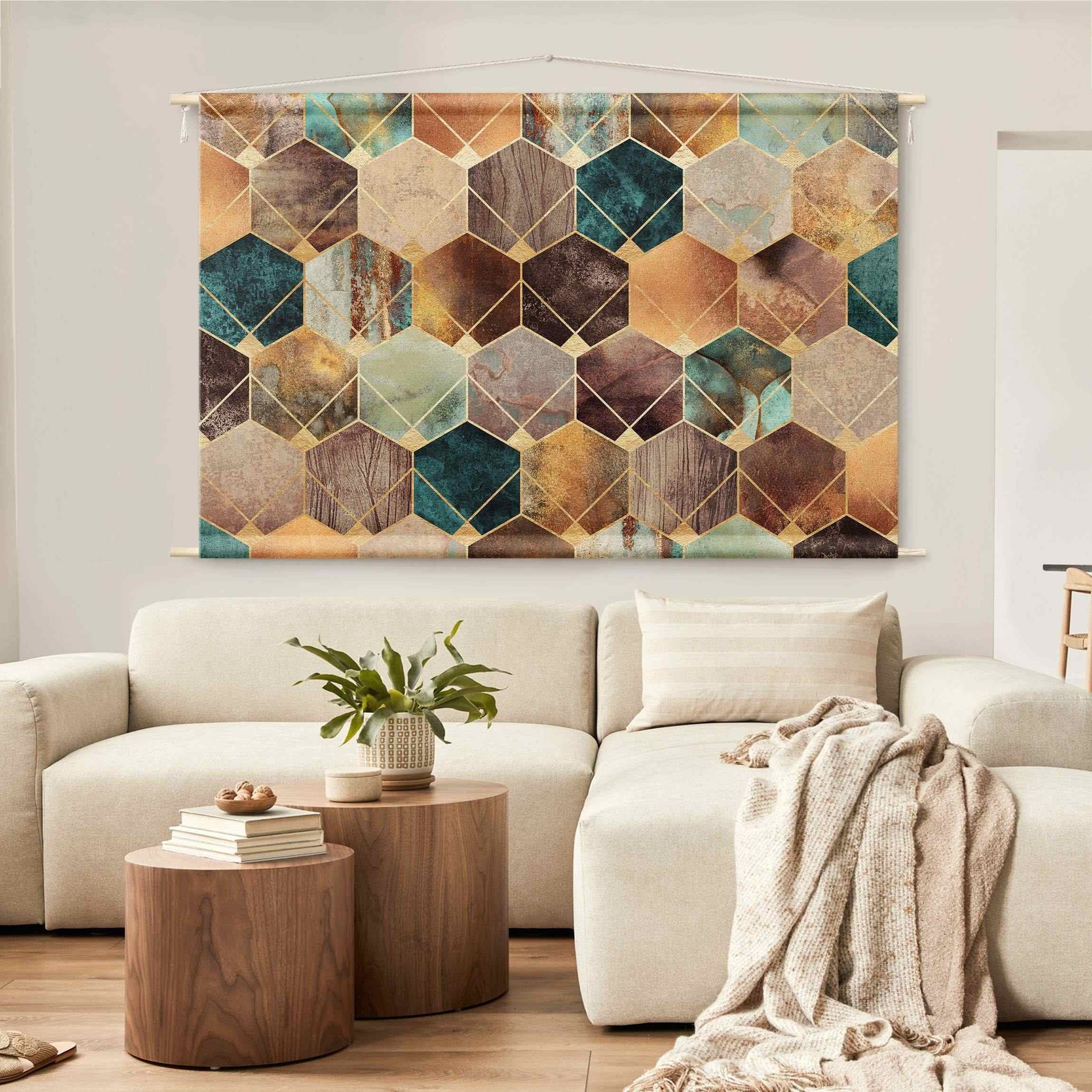 Bilderdepot24 Wandteppich modern Muster Abstrakt Aquarell Geometrisch gold, rechteckig, Höhe: 2.6 mm, großes Wandbild aus Natur-Baumwolle Wandbehang Stoffbild Tuch Wollseil