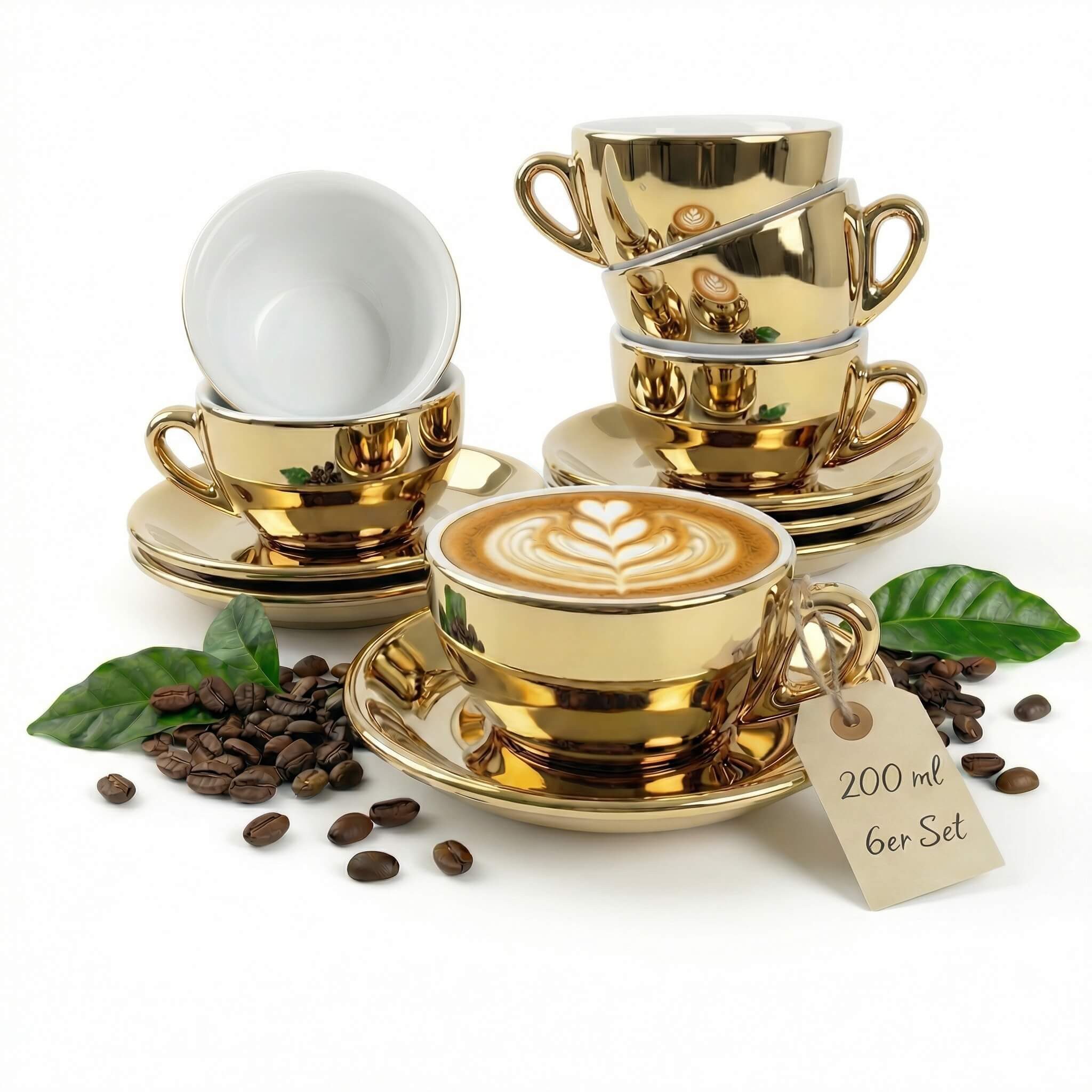 MUVELL Cappuccinotasse 6er Cappuccino-Set "FLORENZ" Tasse 200ml + Untertasse, gold, 6-tlg., Keramik, 200 ml robust