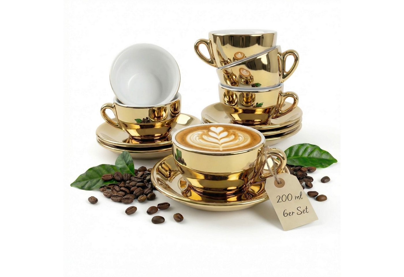 MUVELL Cappuccinotasse 6er Cappuccino-Set "FLORENZ" Tasse 200ml + Untertasse, gold, 6-tlg., Keramik, 200 ml robust