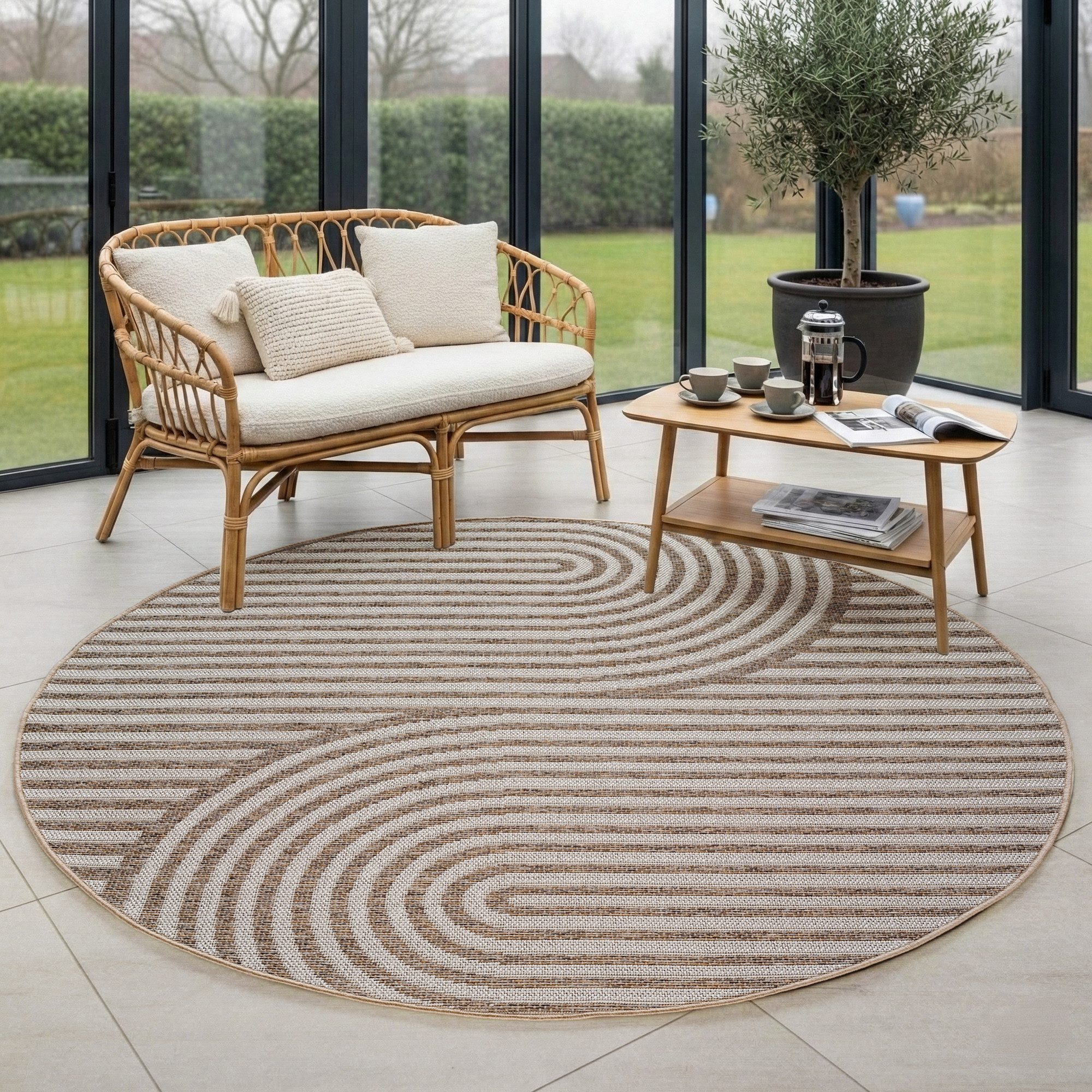 Carpettex Outdoorteppich Boho Flachgewebter Teppich, Rund, Höhe: 5 mm, Outdoor Teppich Wetterfest Modern Design Wohnzimmer Küchen Terrasse