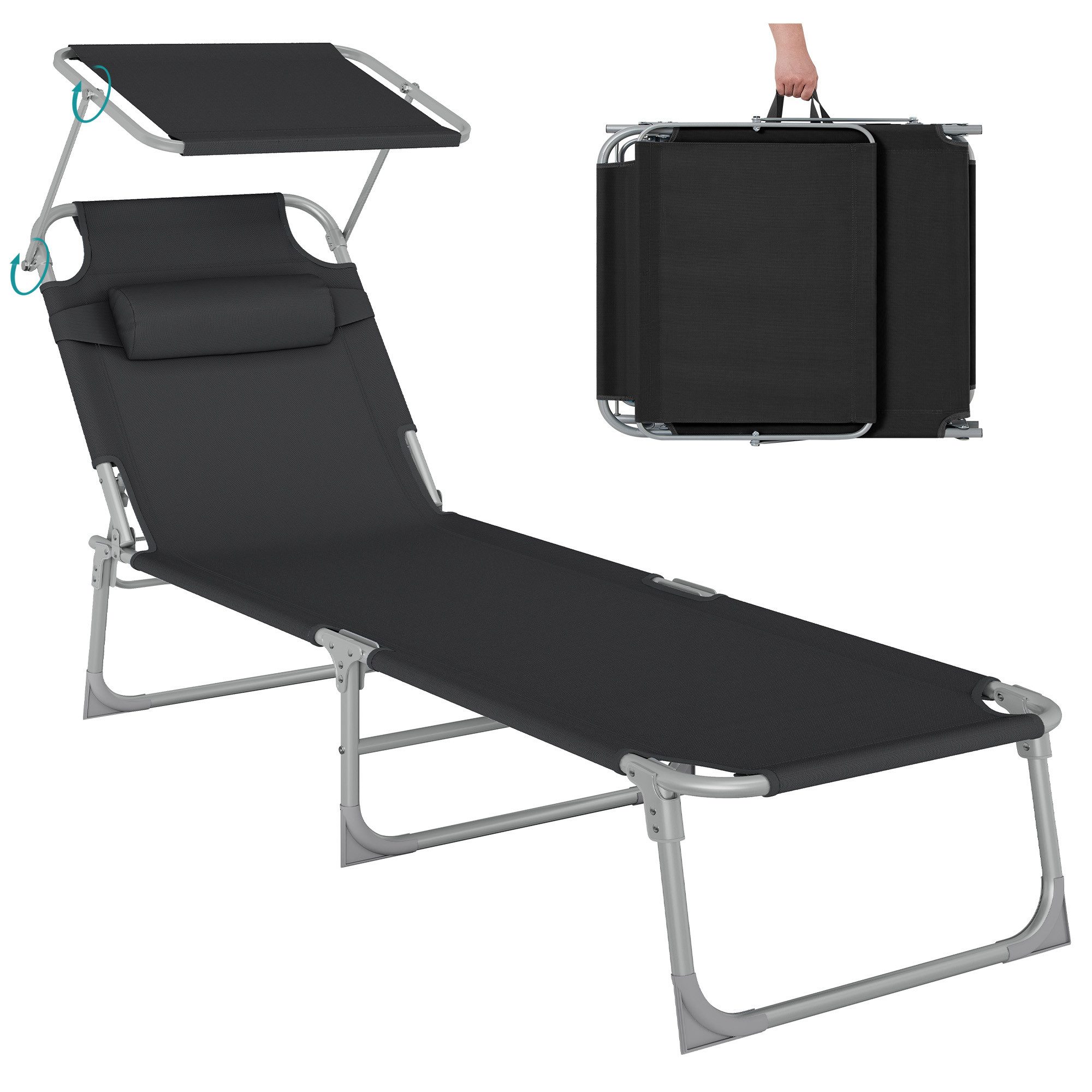 SONGMICS Gartenliege Sonnenliege, klappbarer Liegestuhl, für Garten, Pool, Terrasse, 1 St., bis 150 kg belastbar, 193 x 53 x 29 cm, Sonnenschutz, Kopfstütze, verstellbare Rückenlehne