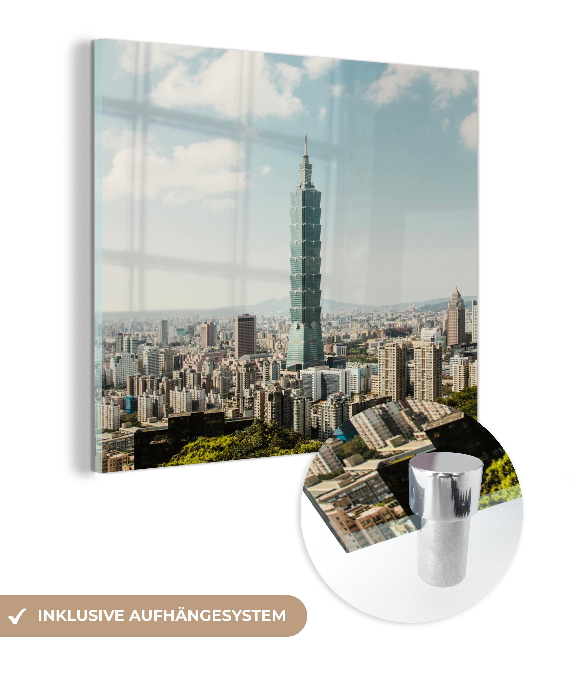 Wolkenkratzer Glas - den Taipei auf (1 St), Bilder Acrylglasbild Glasbilder Glas - Foto asiatischen MuchoWow Wanddekoration auf Blick auf 101, Wandbild -