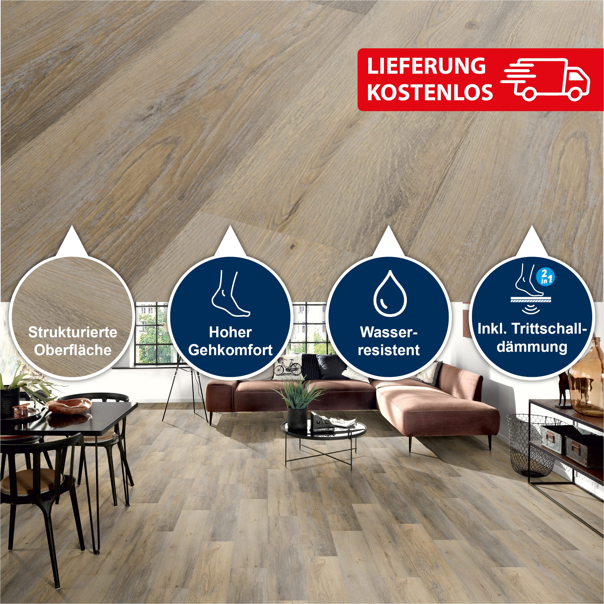 Strong SPC Designboden 1220 x 230 x 4,8 mm Premium Klick-Vinylboden inkl. Trittschalldämmung, Packung mit 2,245 qm, Versandkostenfreie Lieferung, Inkl. Trittschalldämmung, Wasserfest und mit Klicksystem