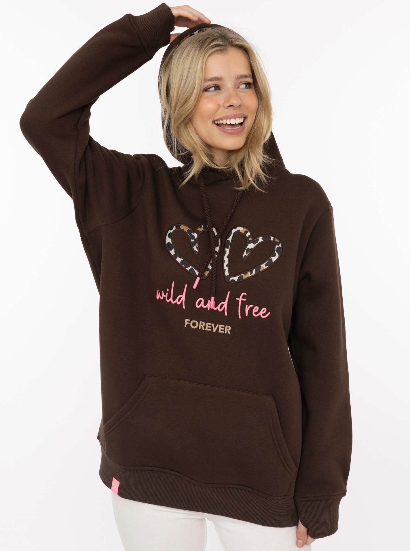 Zwillingsherz Hoodie "FOREVER wild" zwei gestickte Herzmotive, Leo-Design, Kapuze, Kängurutasche