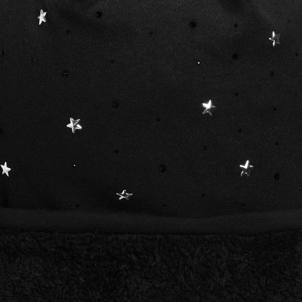 DonDon Beanie Damen Slouch Sternchen mit Print mit Wintermütze, mit (Packung, kleinen oder Beanie Pailletten-, Teddyfleece Sternenprint, Strass- schwarz 1-St)