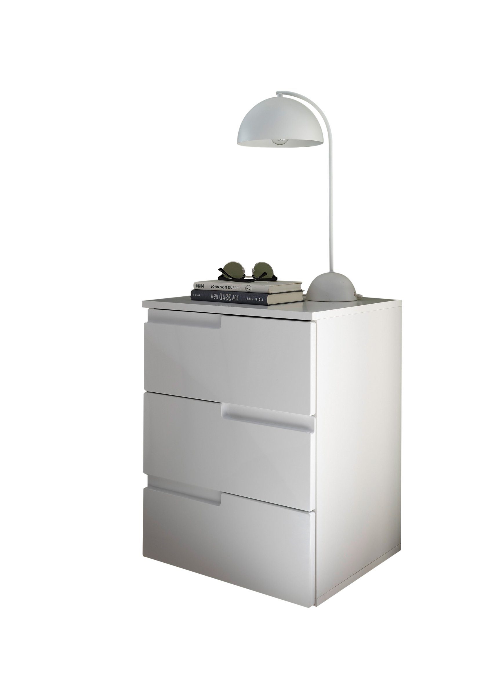 Pol-Power Nachtkommode in Weiß / Weiß Hochglanz mit 3 Schubladen (BxHxT: 46x59x40 cm)
