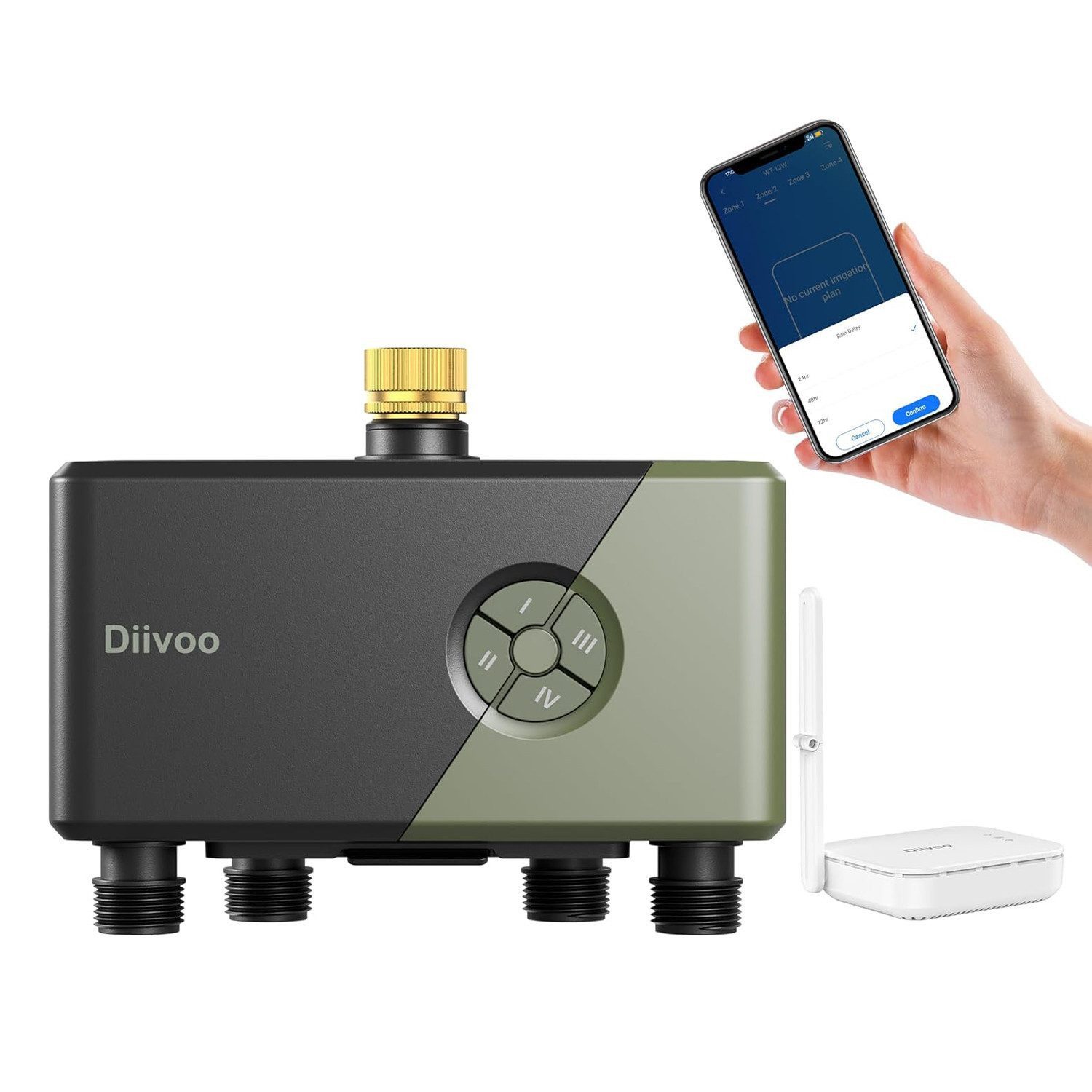 Diivoo Bewässerungssystem Bewässerungscomputer 4 Ausgänge WLAN mit Messingeinlass mit WLAN, APP