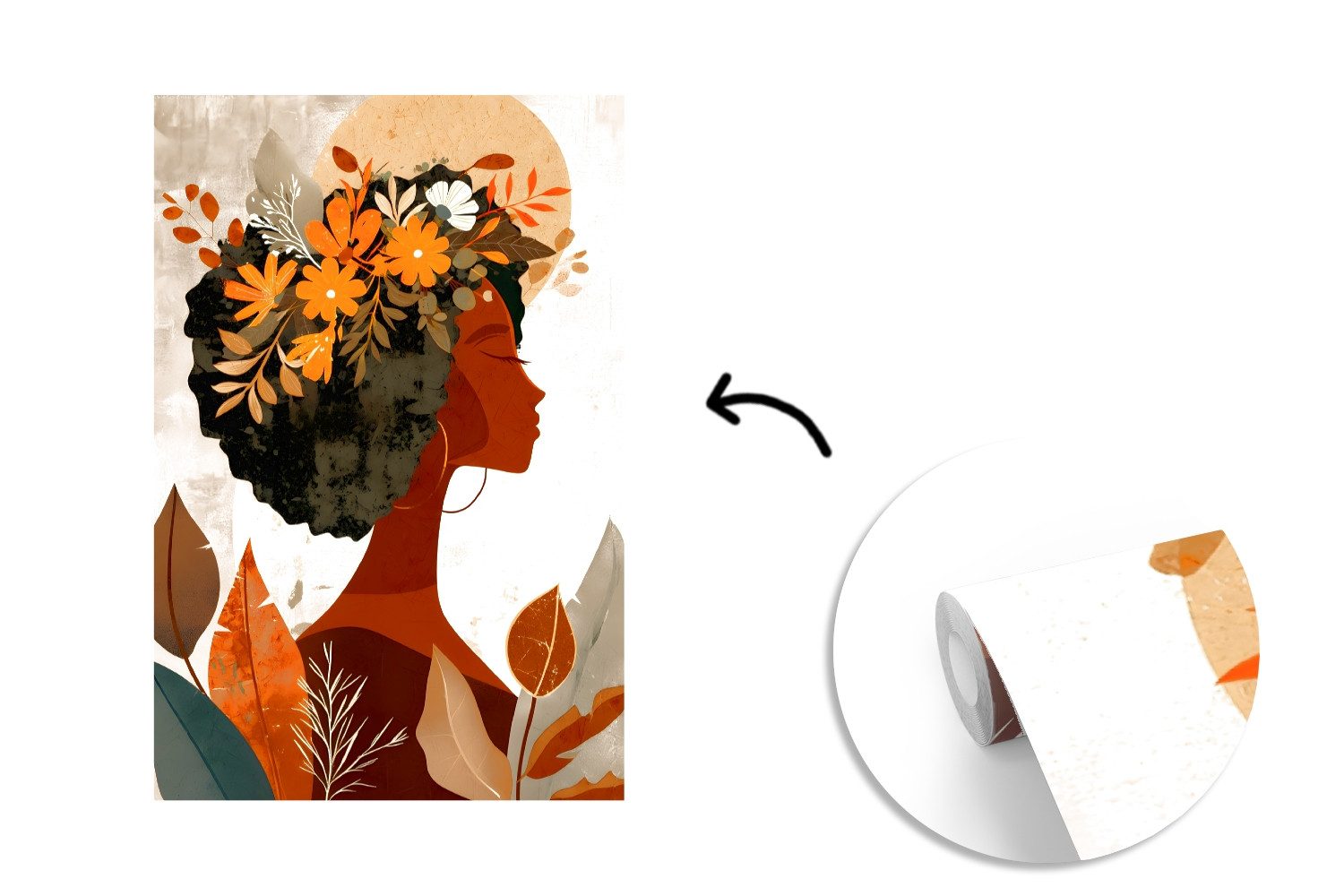 MuchoWow Fototapete Frau - Locken - Blumen - Beige, Matt, bedruckt, Montagefertig Vinyl Tapete, Wandtapete, 170x260 cm